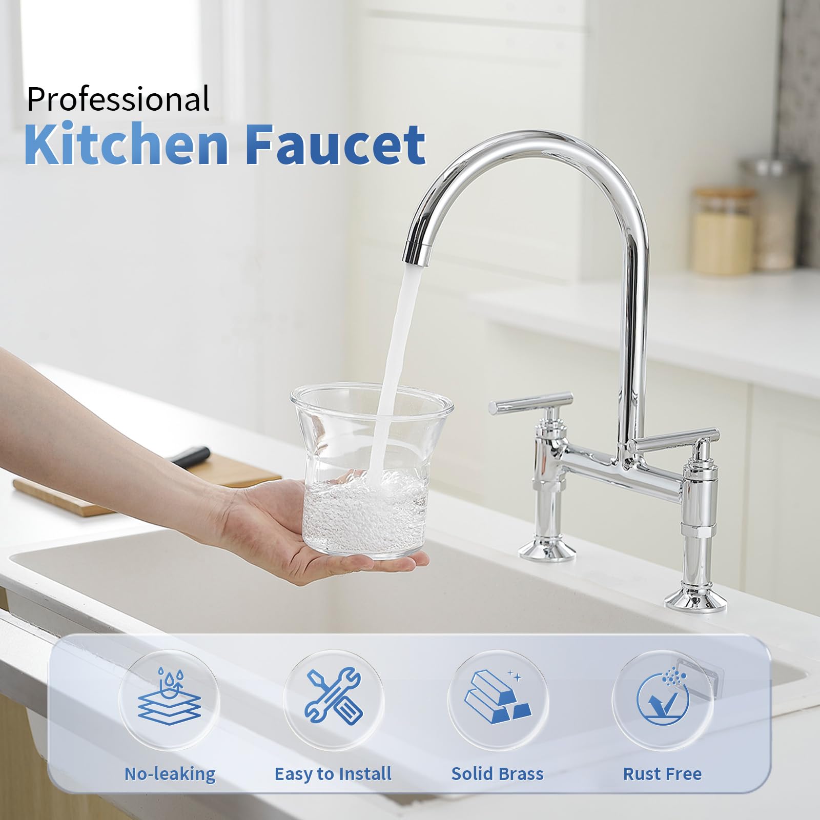 Bwe Chrome Bridge Kitchen Faucet,Two Handle Brass Faucet For Kitchen Sink 2 Holes,8 Inch Centerset Kitchen Sink Faucet With 360° Swivel Spout,High Arc Vintage Tap Deck Mounted