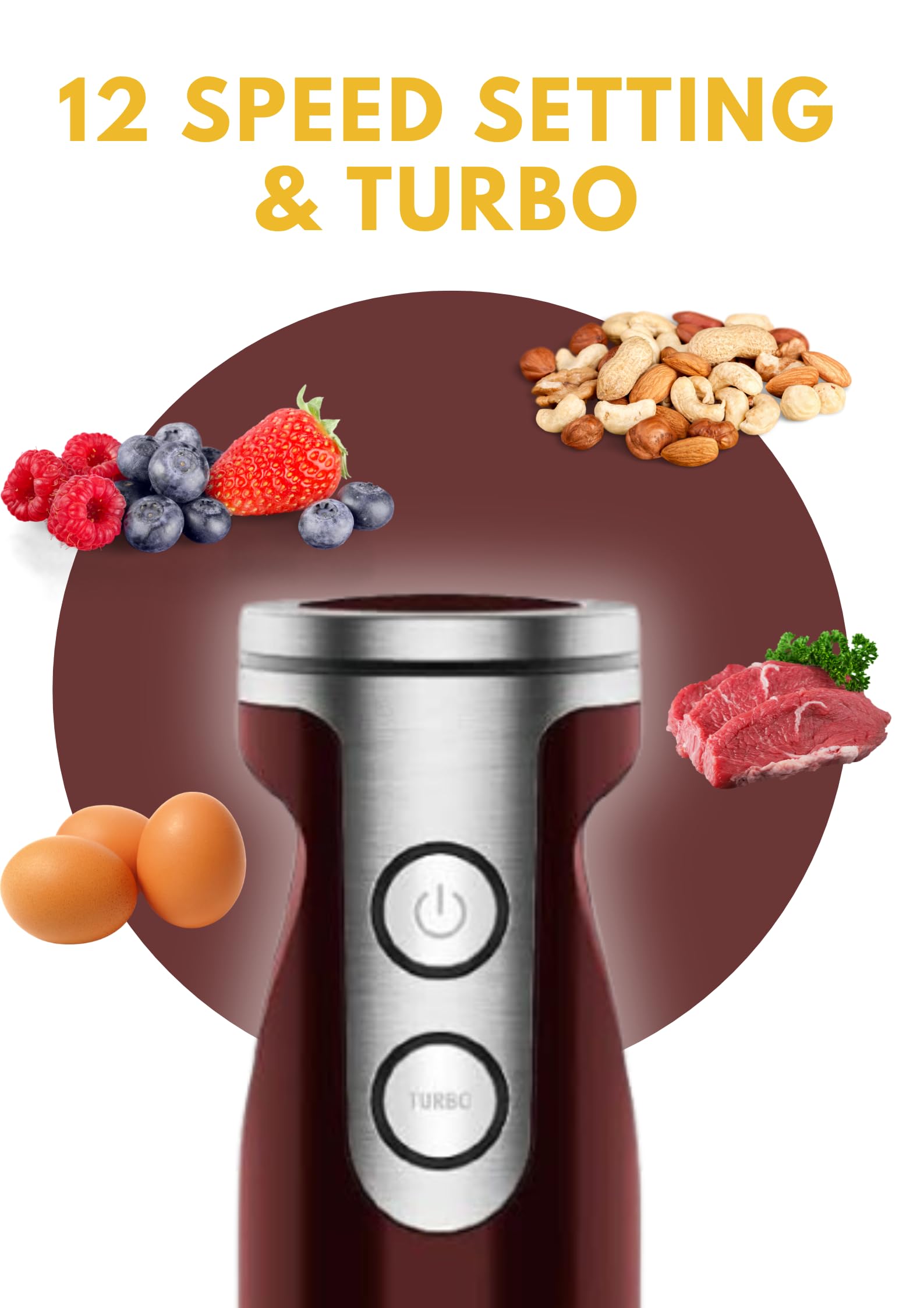 Megawise 3-In-1 Hand Blender – 12-Speed, Includes Powerful Blender Stick, Whisk, And Milk Frother – Easy To Clean And Perfect For Smoothies, And More (Red)