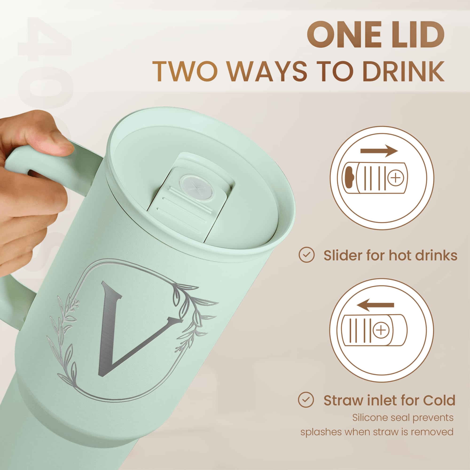 Personalized Monogrammed Tumbler With Handle 40Oz, Letter V Tumblers Insulated Coffee Travel Cup