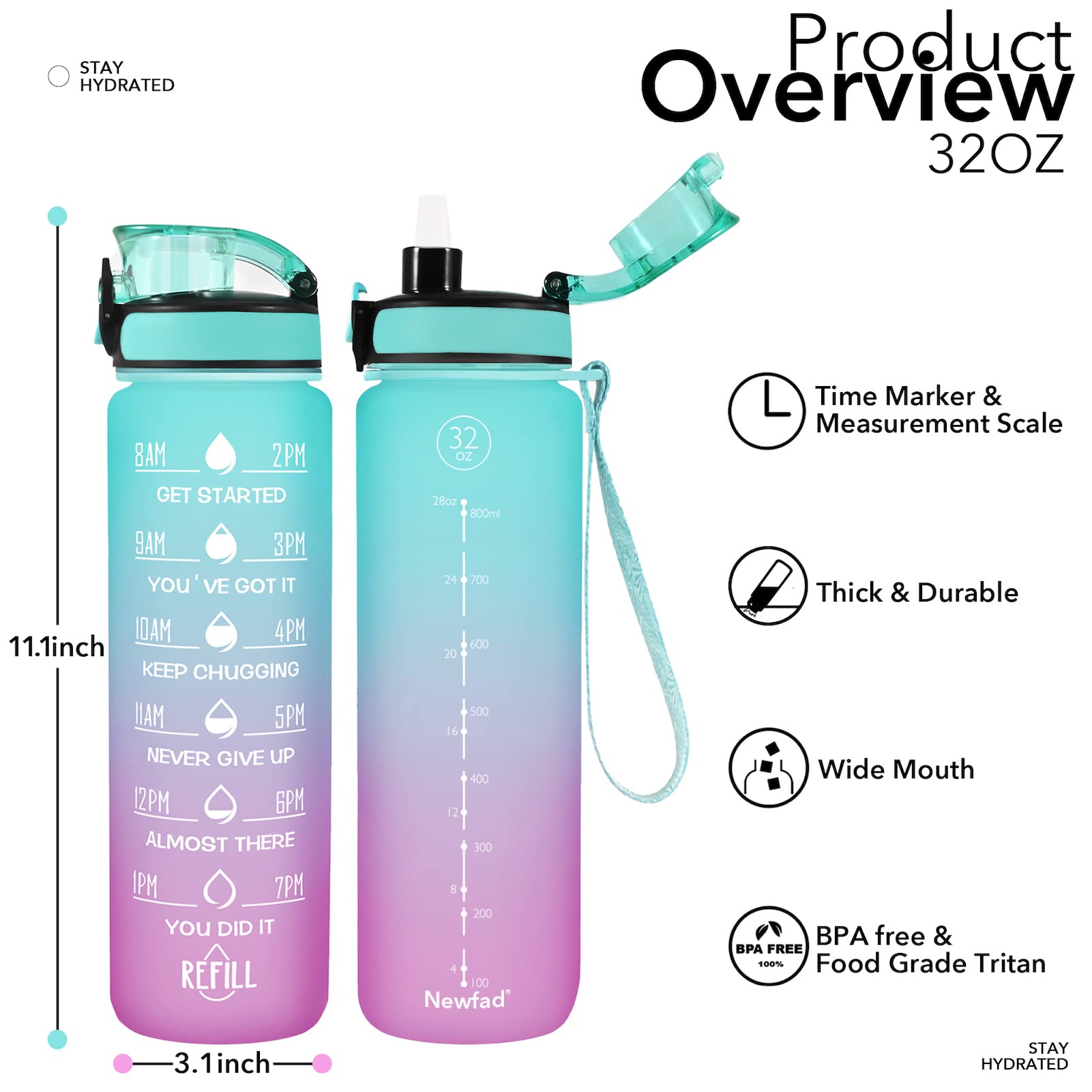 32 Oz Water Bottle With Straw And Sleeve, Motivational Water Bottle With Time Marker And Adjustable