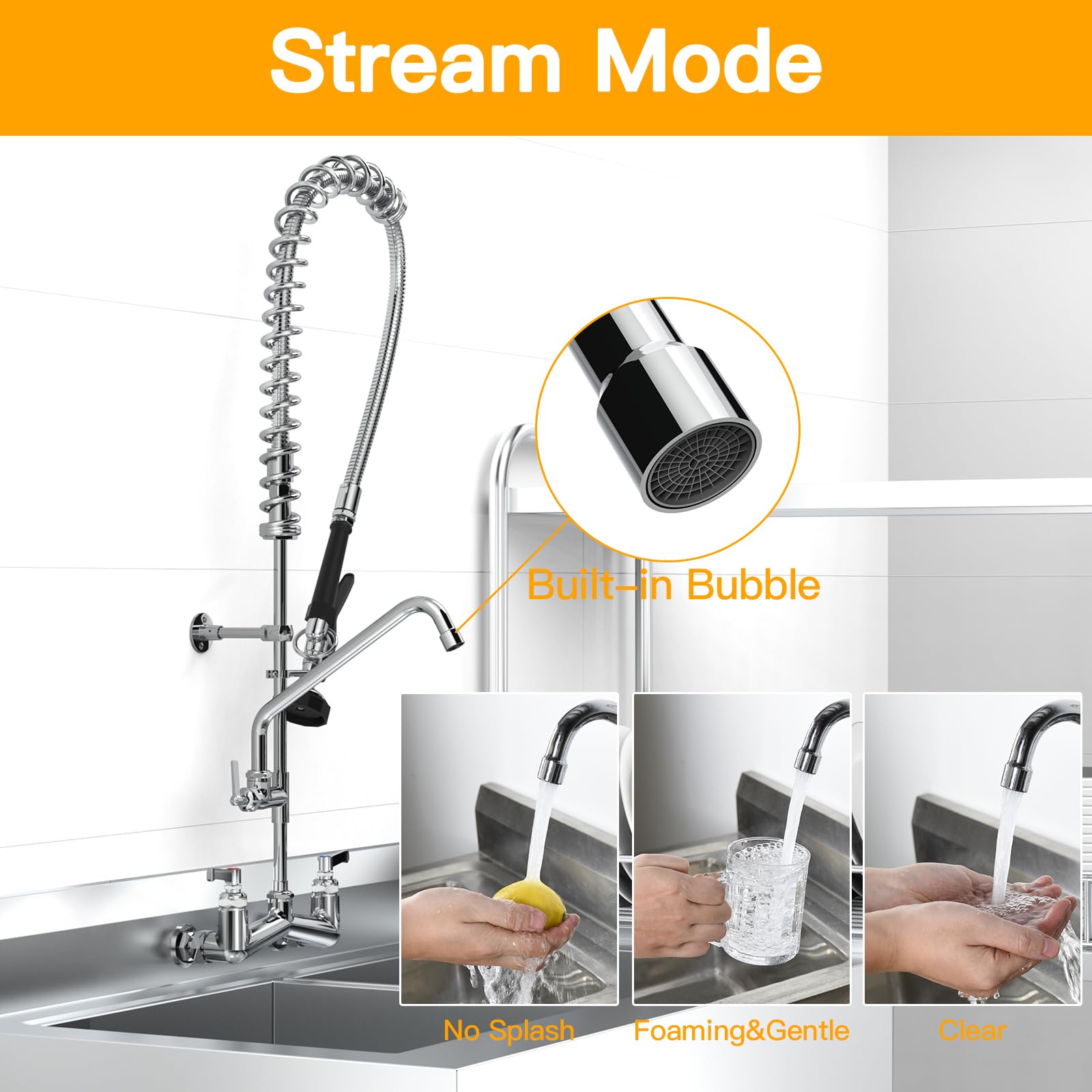 Fauaid Commercial Sink Faucet With Sprayer 36"Height 8"Center Brass Constructed Wall Mount Commercial Kitchen Faucet With Pull Down Pre-Rinse Sprayer And 12" Swing Spout For 2/3 Compartment Sink(36")