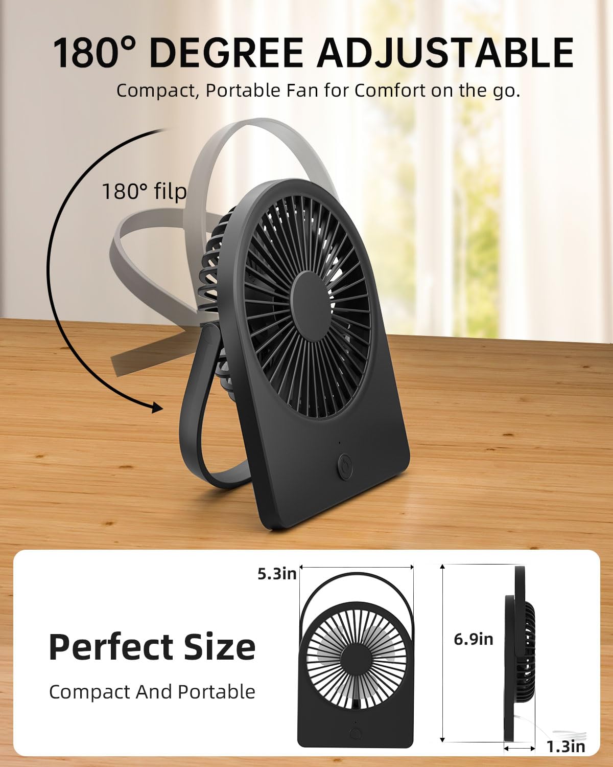 Portable Usb Desk Fan, Usb-A Corded Powered Small Personal Fan With 3-Speed, Hangable Mini Foldable