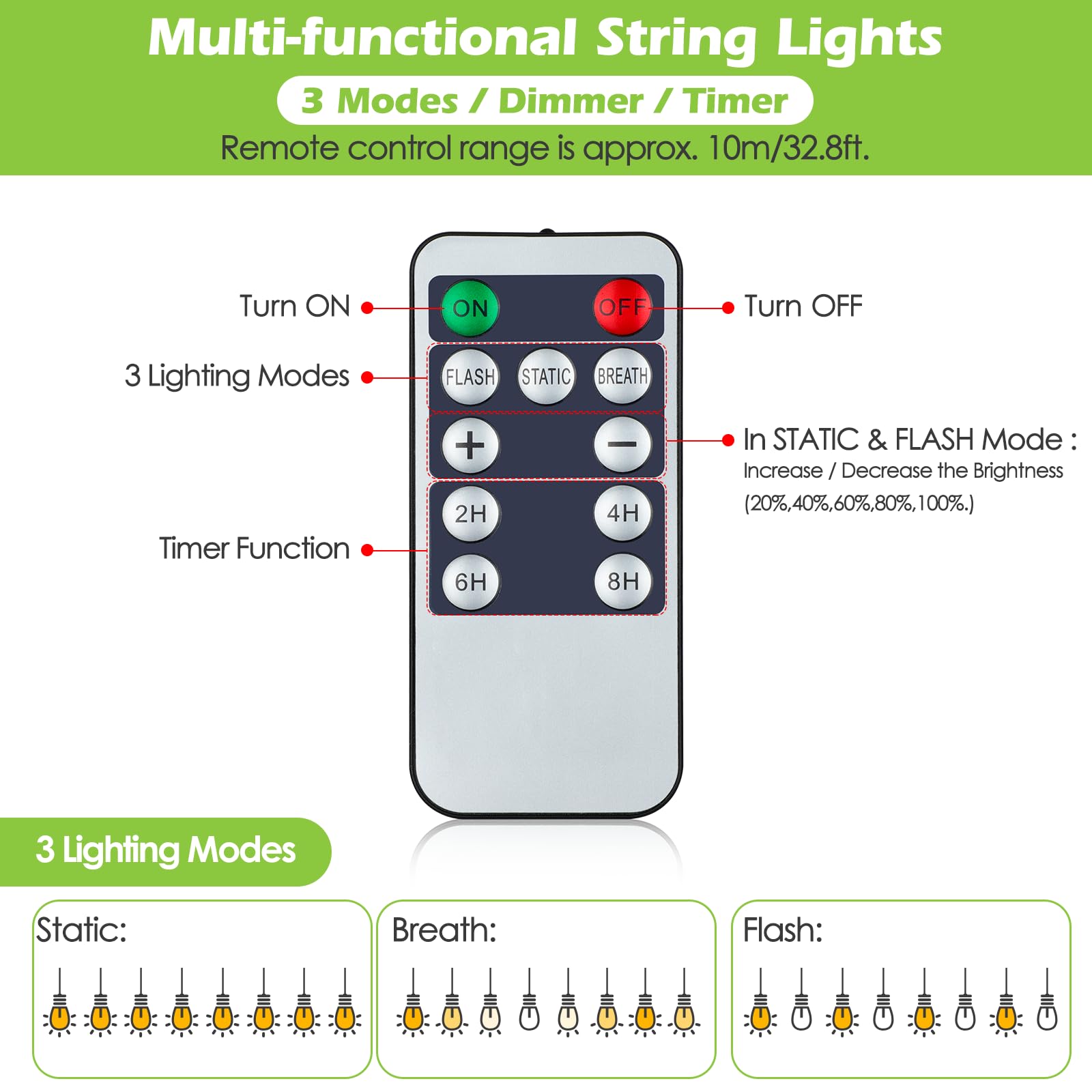 Larkvue 48Ft Outdoor String Lights With Remote, Dimmable Patio Lights With 15+2 Led Waterproof Shatterproof Bulbs 3 Modes 4 Timers For Backyard, Black