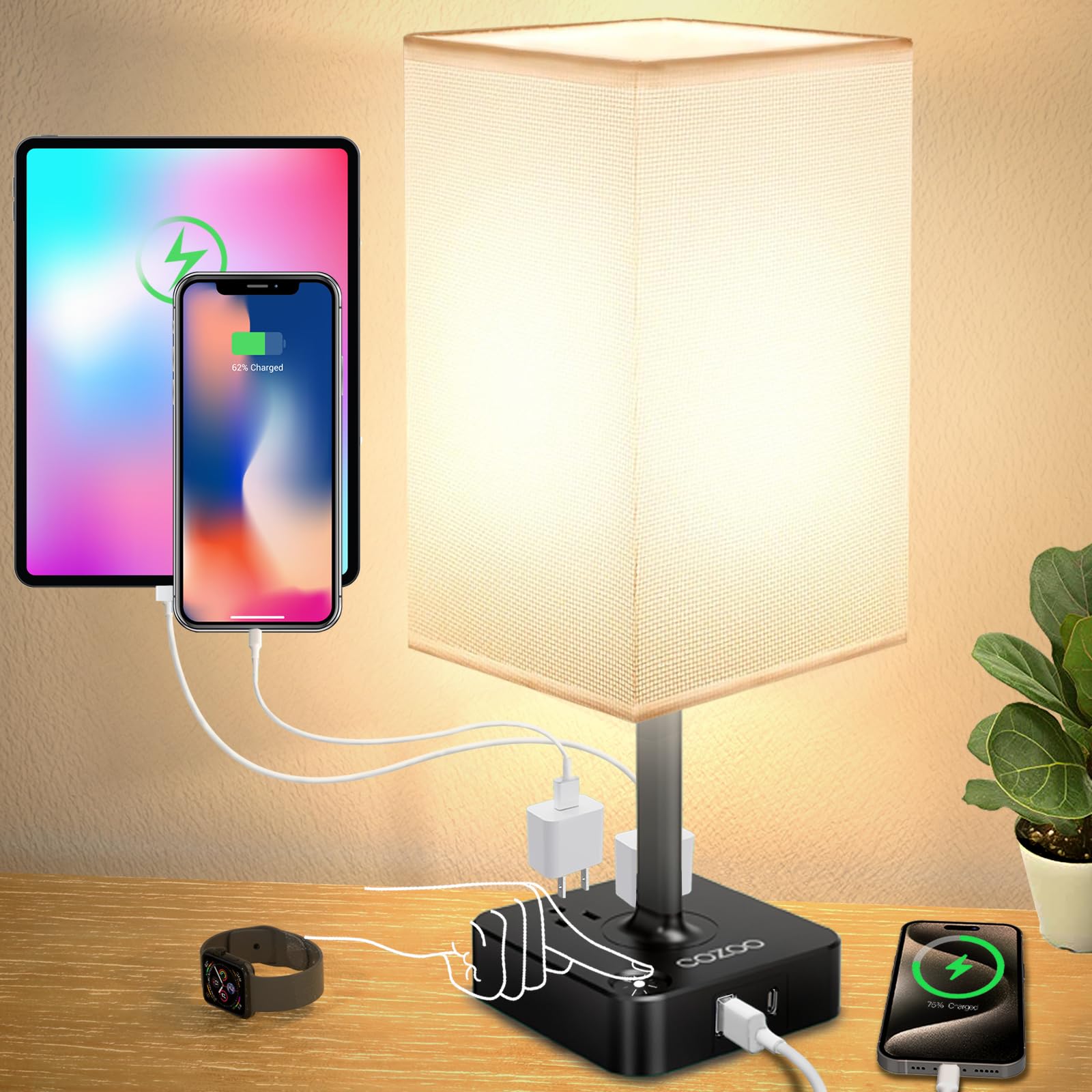 Cozoo Bedside Table Lamp With 3 Levels Brightness,Dimmable Table Lamp With Usb C+A Charging Ports,2 Ac Outlets,Nightstand Lamp White Shade,Touch Bedroom Lamp For Living Read Work