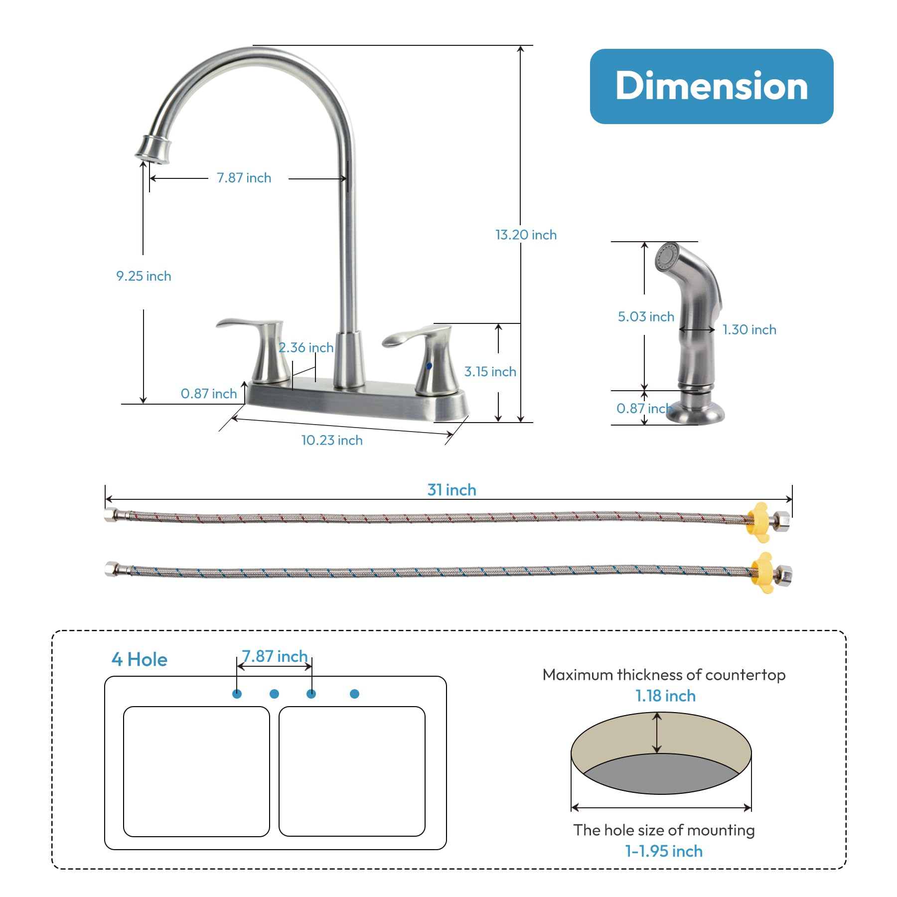 Besdor Kitchen Faucet With Side Sprayer, 2 Handle Sink Faucet, 3 Or 4 Hole Kitchen Faucets With Sprayer, 304 Stainless Steel, Brushed Nickel