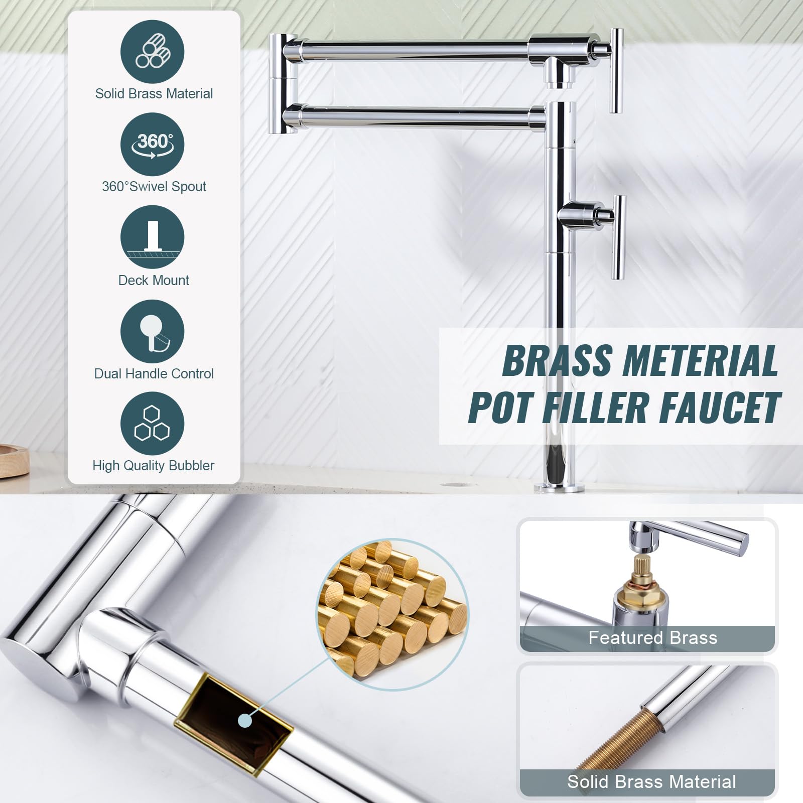 Aleasha Pot Filler Faucet For Kitchen Sink, Deck Mount Pot Faucets Over Stove, Solid Brass Folding Pot Filler Faucet, Chrome Kitchen Pot Faucet With Double Joint Swing Arms