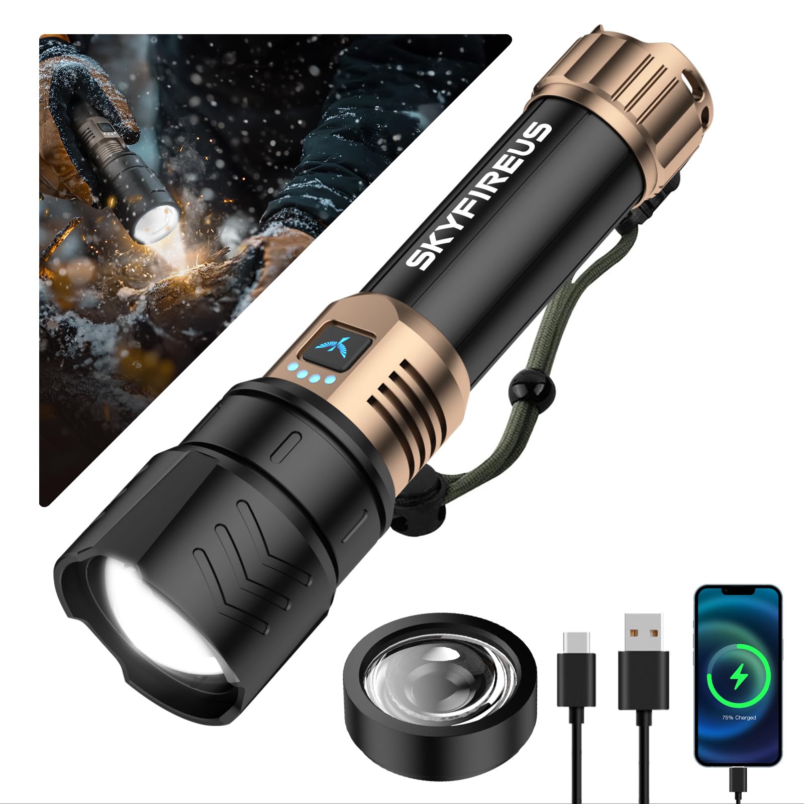 Skyfire Led Flashlights High Lumens With Ignition Lens,1500000Lm Super Bright Rechargeable Flashlight, Zoomable,Four Modes,Waterproof Tactical Flash Light For Camping Essentials,Outdoor And Home
