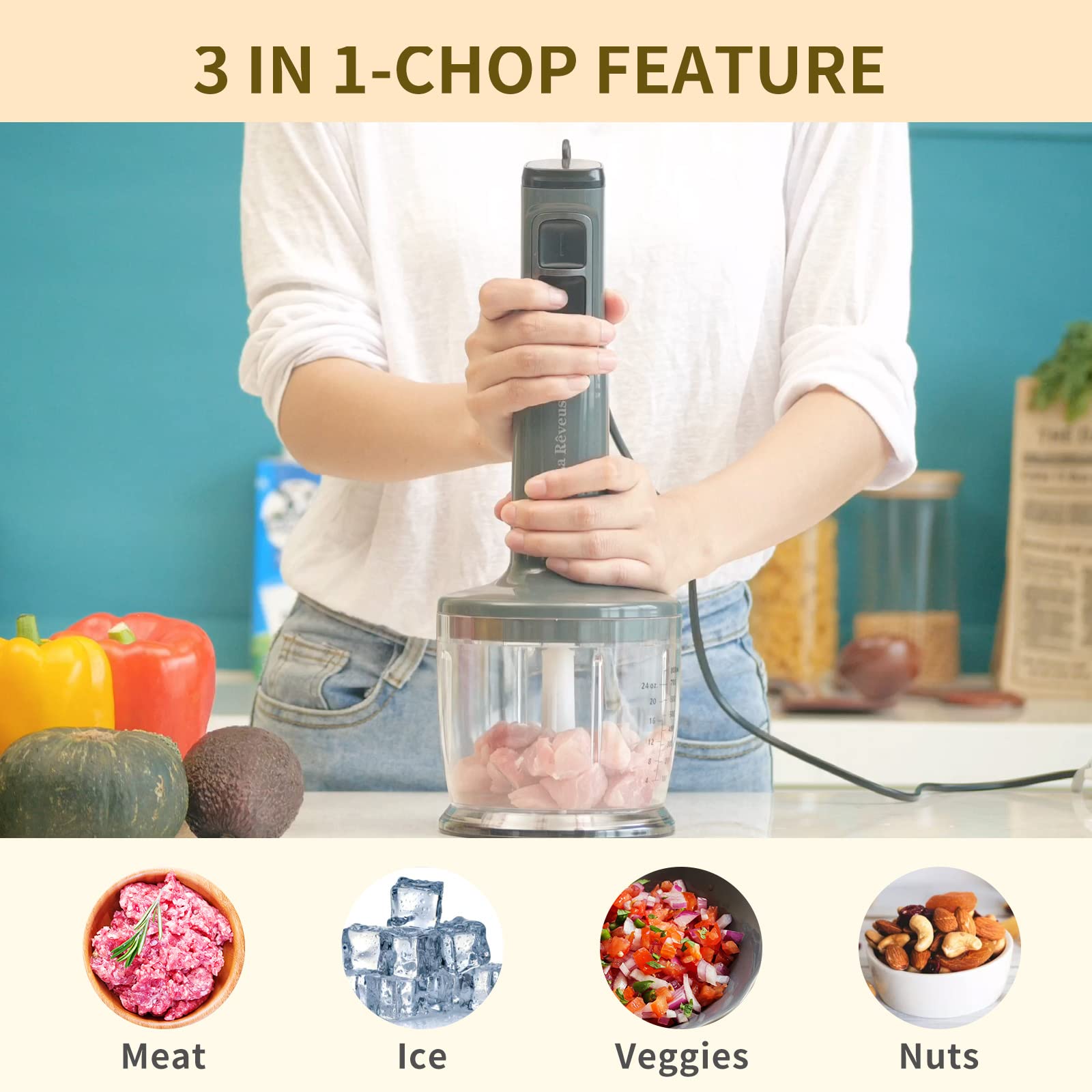 La Reveuse Immersion Blender Handheld, 3 In 1, 300 Watts 2 Speeds Multi-Purpose With Whisk,Mixing Beaker,Food Chopper Grinder Attachments