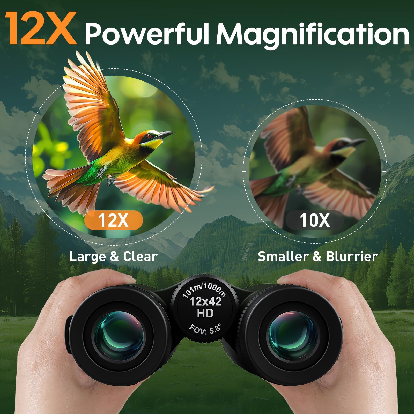Aurosports 12X42 Uhd Waterproof Binoculars For Adults: Fogproof Shockproof High Powered Easy Focus - Large View Lightweight With Clear Low Light Vision For Bird Watching Hunting Trip Hiking Green