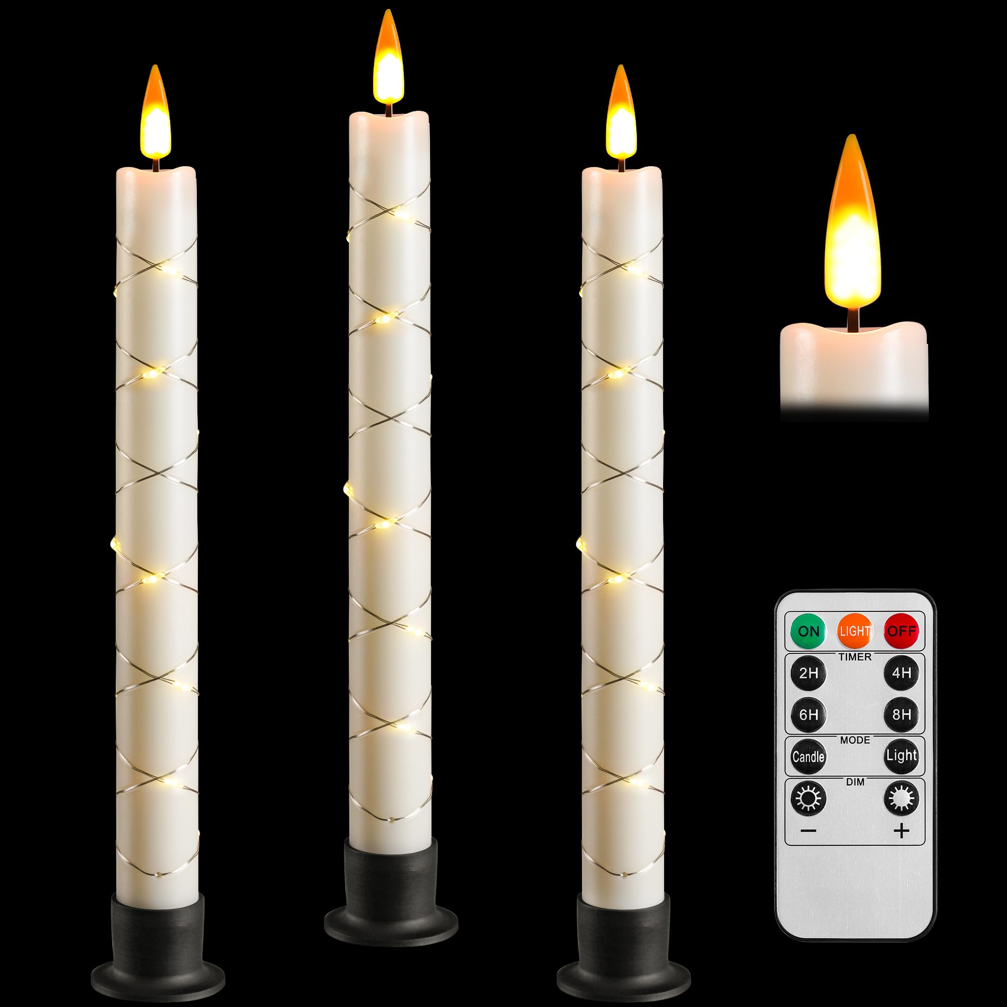 Da By Da 3 Pcs Flameless Window Candle With Remote And Timer, Battery Operated With String Lights, 9.6 Inch Christmas Candle With 3 Black Base For Home Decoration