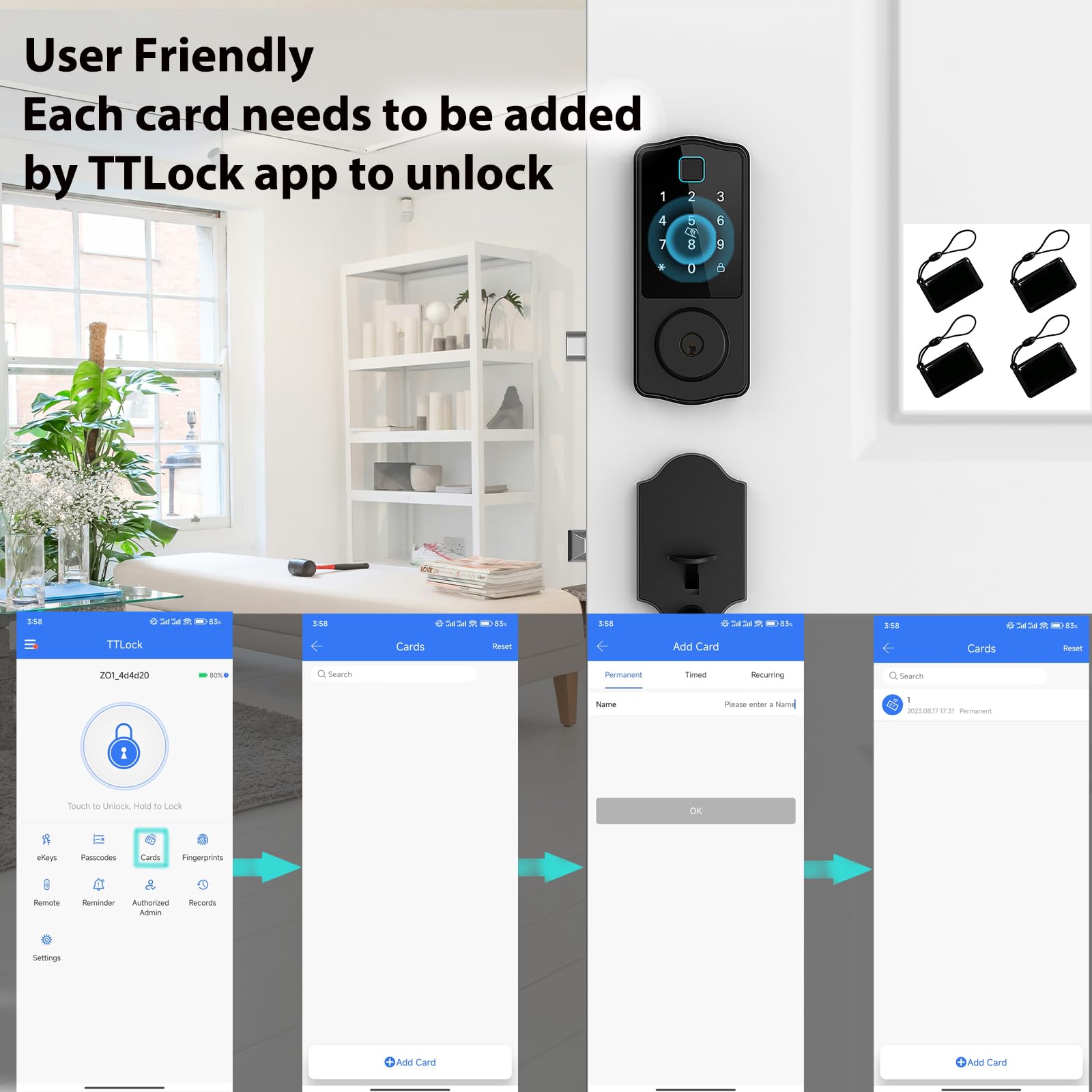 Sangzisally Ic Cards For Smart Door Lock, 13.56Mhz Rfid Key Fobs For Smart Fingerprint Door Lock, 4 Pcs Smart Ic Cards For Ttlock Smart Locks, Keyless Entry Smart Cards For Door Lock, Black