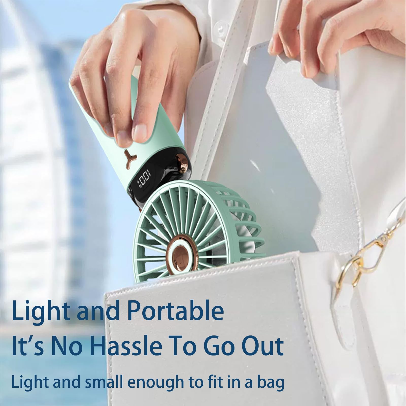 Rechargeable portable fan with 5 speeds, adjustable fold, and 360° rotation for all-day comfort