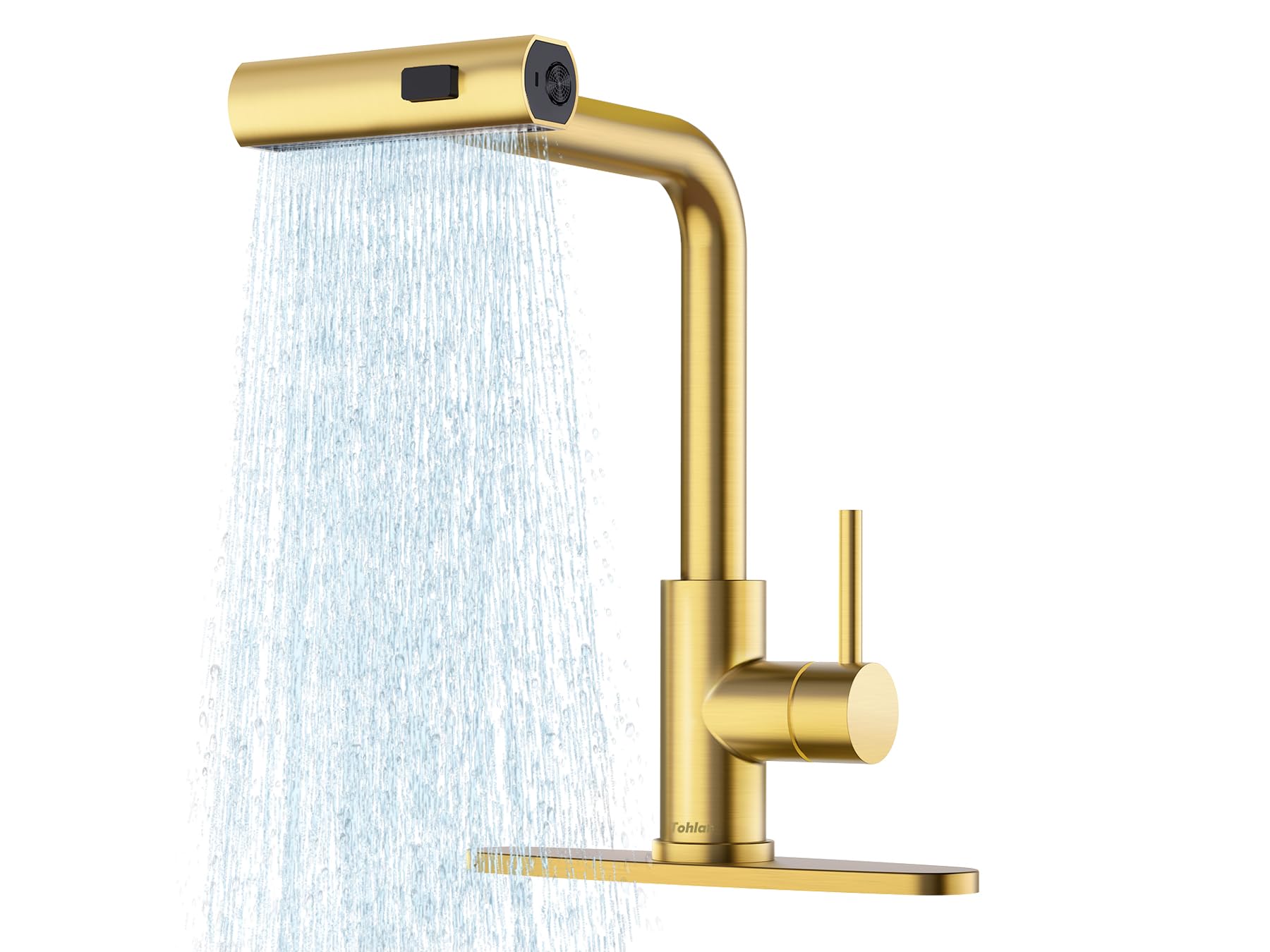Tohlar Gold Kitchen Faucet, Waterfall Kitchen Faucet With Pull Down Sprayer, 3 Modes Sprayer Kitchen Sink Faucet Single Lever Handle Faucet For Kitchen Sink, Brushed Gold