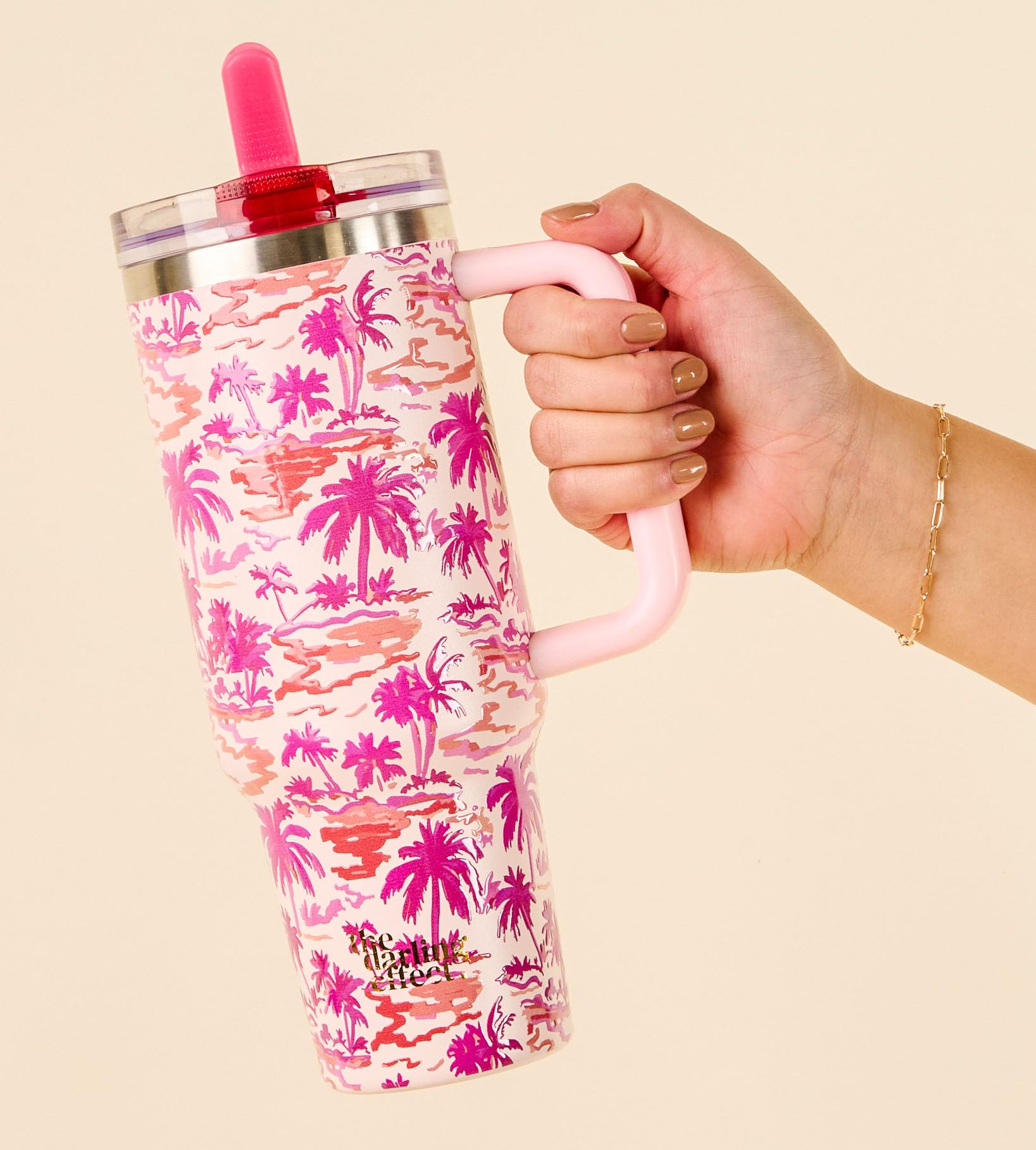 40 Oz Tumbler With Handle Paradise Palms Flip Straw Lid Insulated Stainless Steel Leakproof