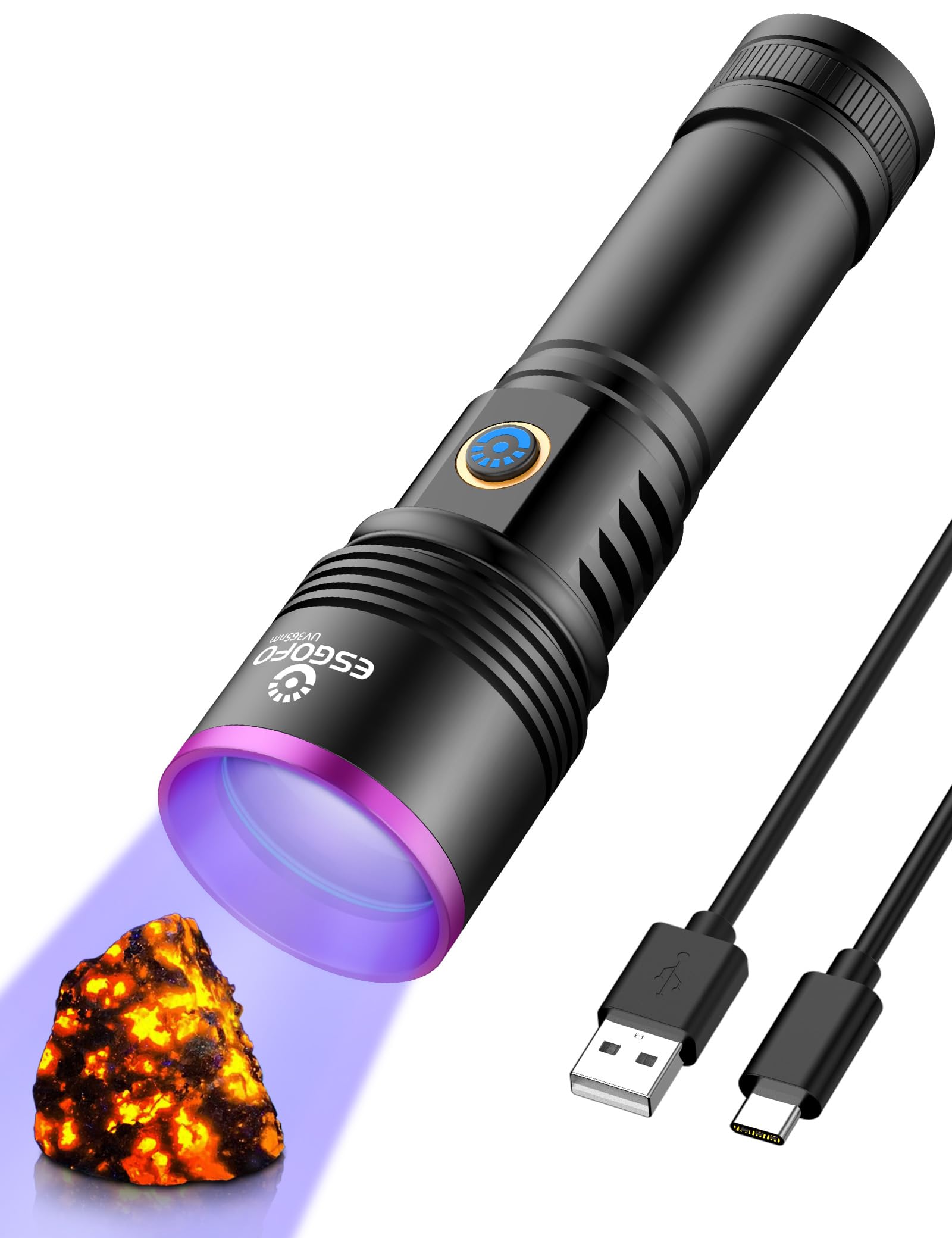 Esgofo Uv Flashlight 365Nm Powerful, Large 4-Core High Power Led Ultraviolet Blacklight Rechargeable Usb C, Handheld Big Ultraviolet Black Flash Light For Pet Urine Detection Scorpion Resin Curing