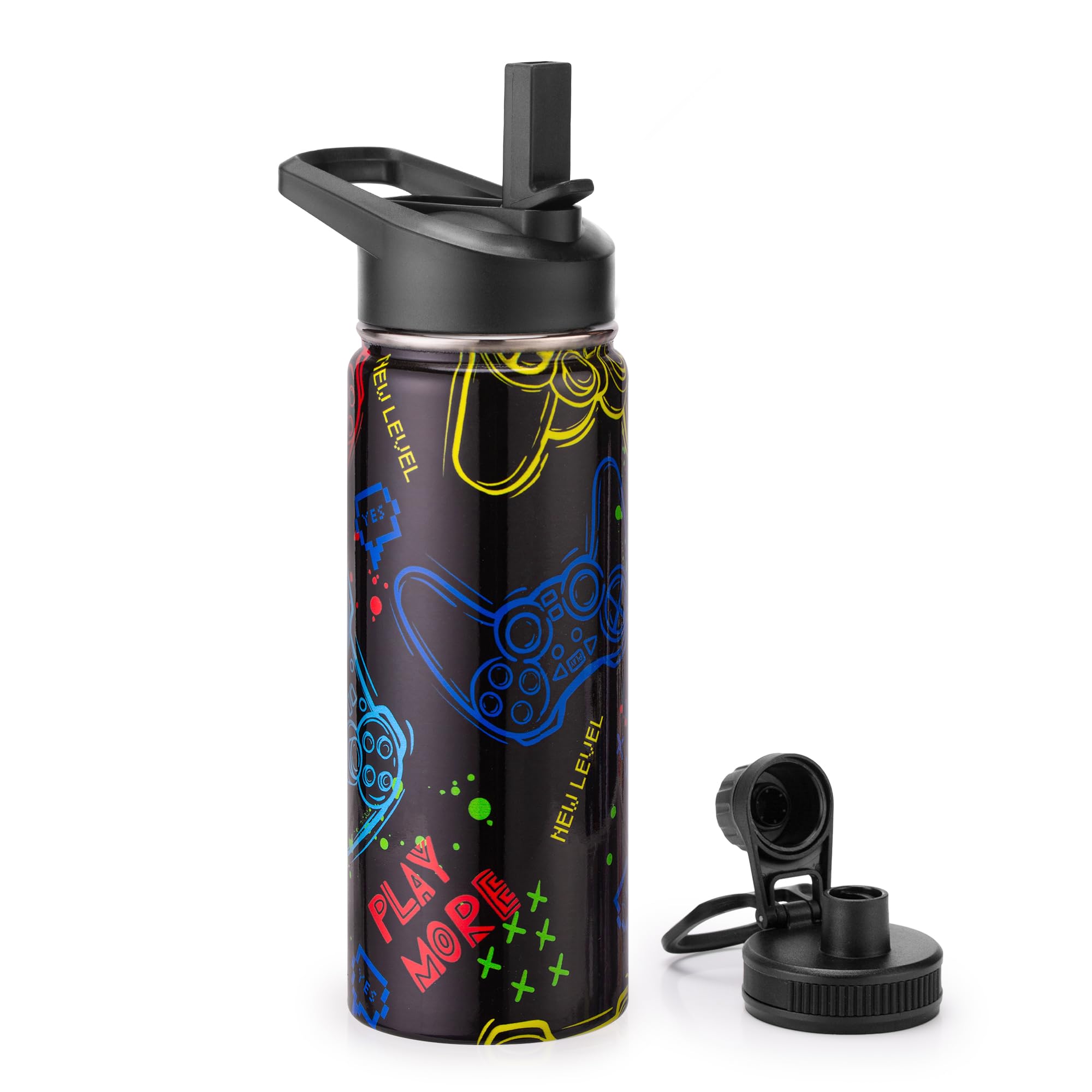 18Oz Insulated Water Bottle With Straw Lid & Spout Lid, Game Controller, For Kids Boys Girls