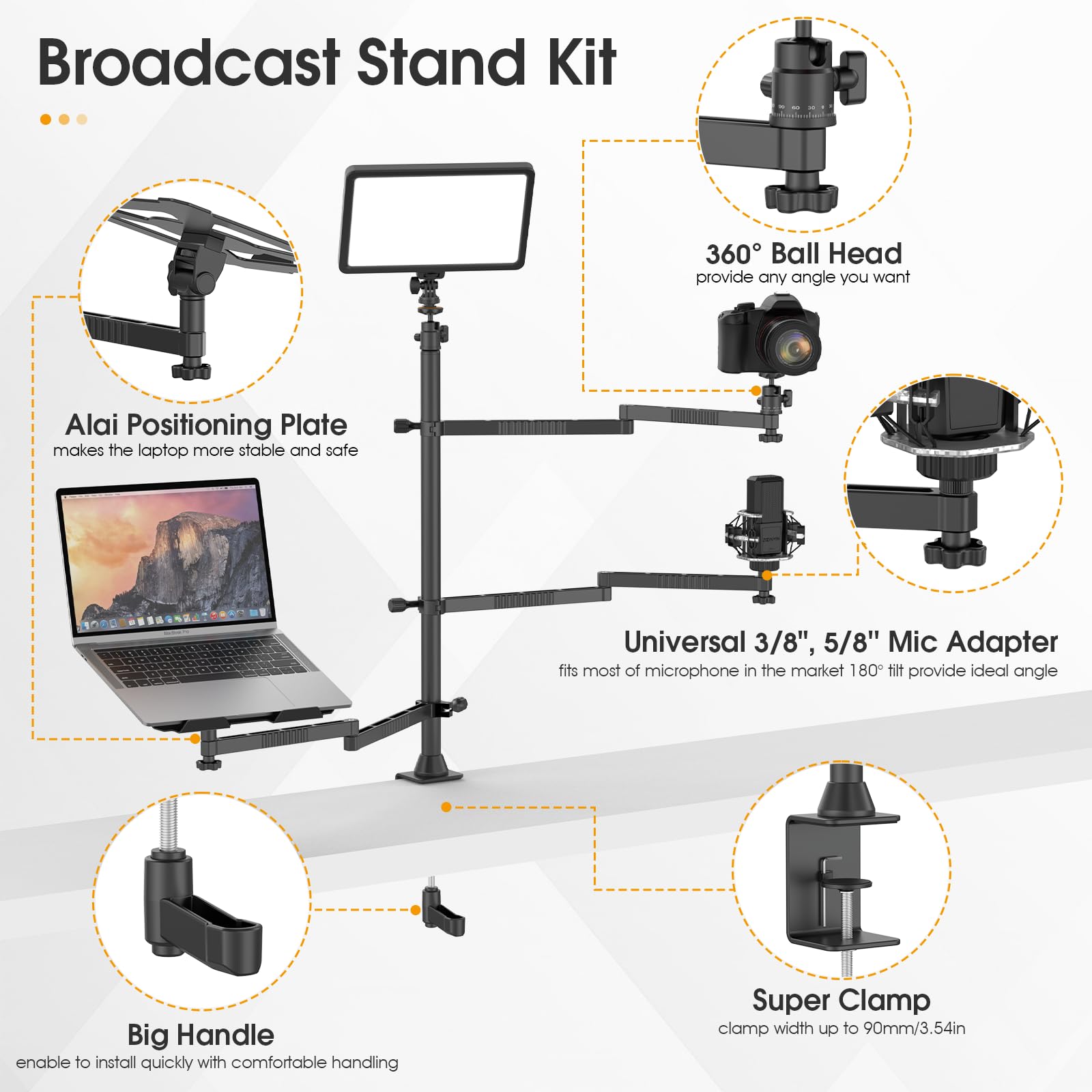 Vijim Ulanzi Broadcast Boom Arm,Ls23 Camera Desk Mount Stand With Flexible Arm,Overhead Camera Mount, Microphone Boom Arm For Blue Yeti Nano, Podcast Kit For Ring Light/Dslr Camera/Webcam/Panel Light