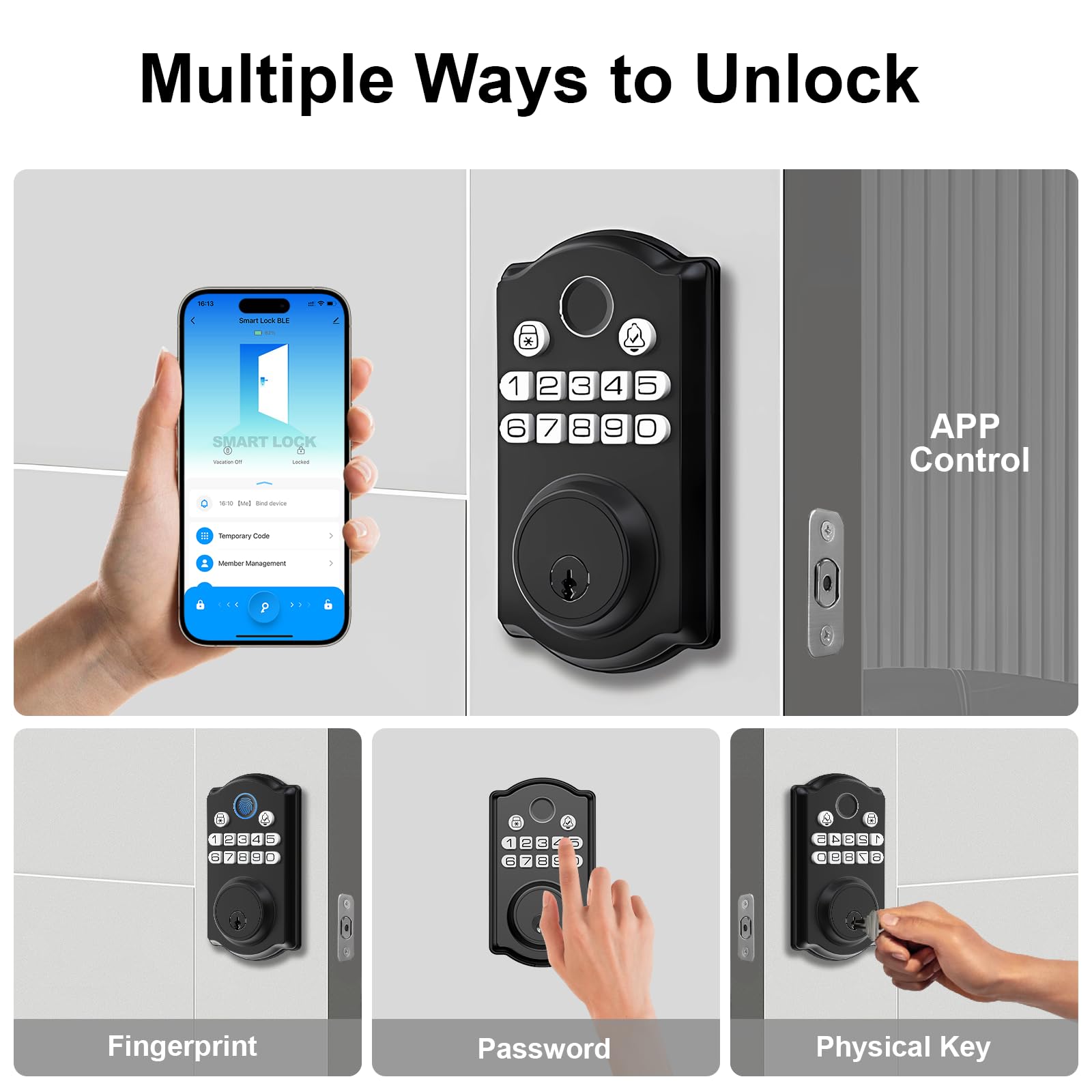 Physen Keyless Entry Door Lock - Fingerprint Door Locks With App Control - Smart Deadbolt For Front Doors - Biometric Security, Auto-Lock&One-Touch-Lock, Ip54 Waterproof, Easy Install