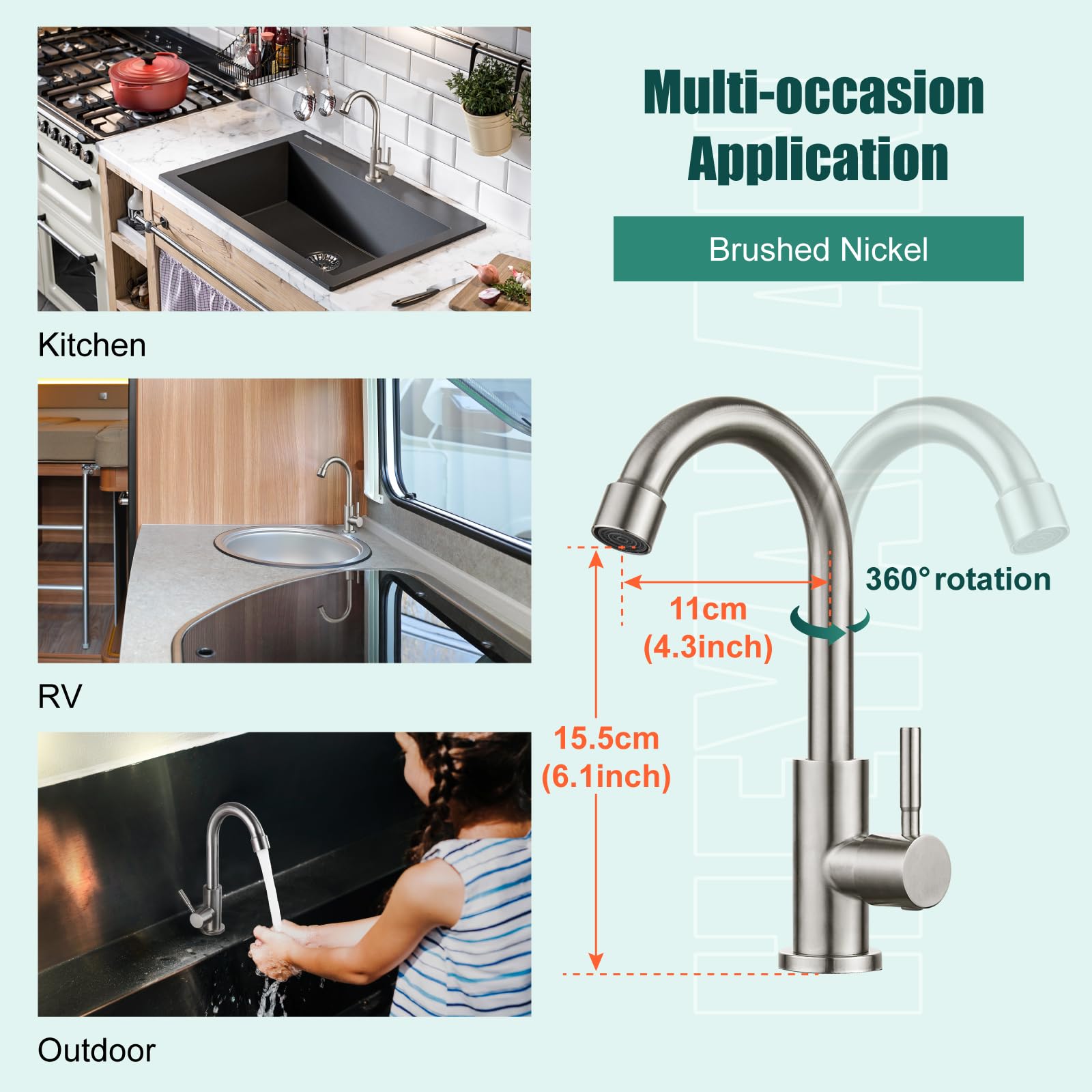 Heyalan Kitchen Faucet Single Handle 1 Hole Deck Mount Sus304 Stainless Steel Sink Bar Tap Goose Neck,Cold Water Faucet,Brushed Nickel