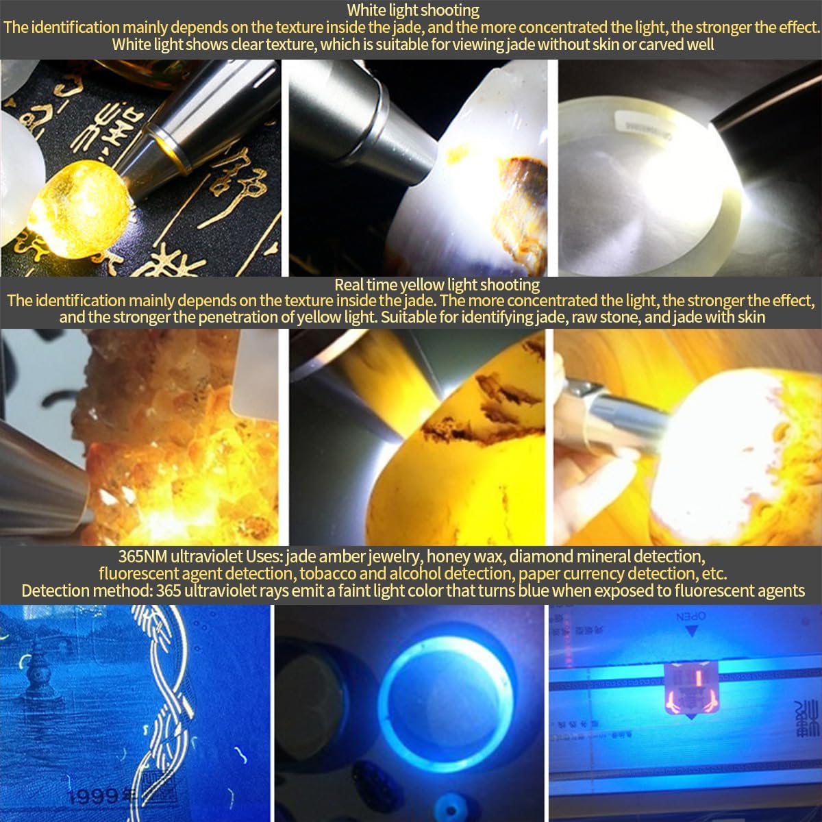 Yzyoe Rechargeable Three Leds Expert Jade Appraisal Flashlight,Jewelry Appraisal Gemstones Diamond, White And Yellow Light And 365Nm Ultraviolet Lamp.