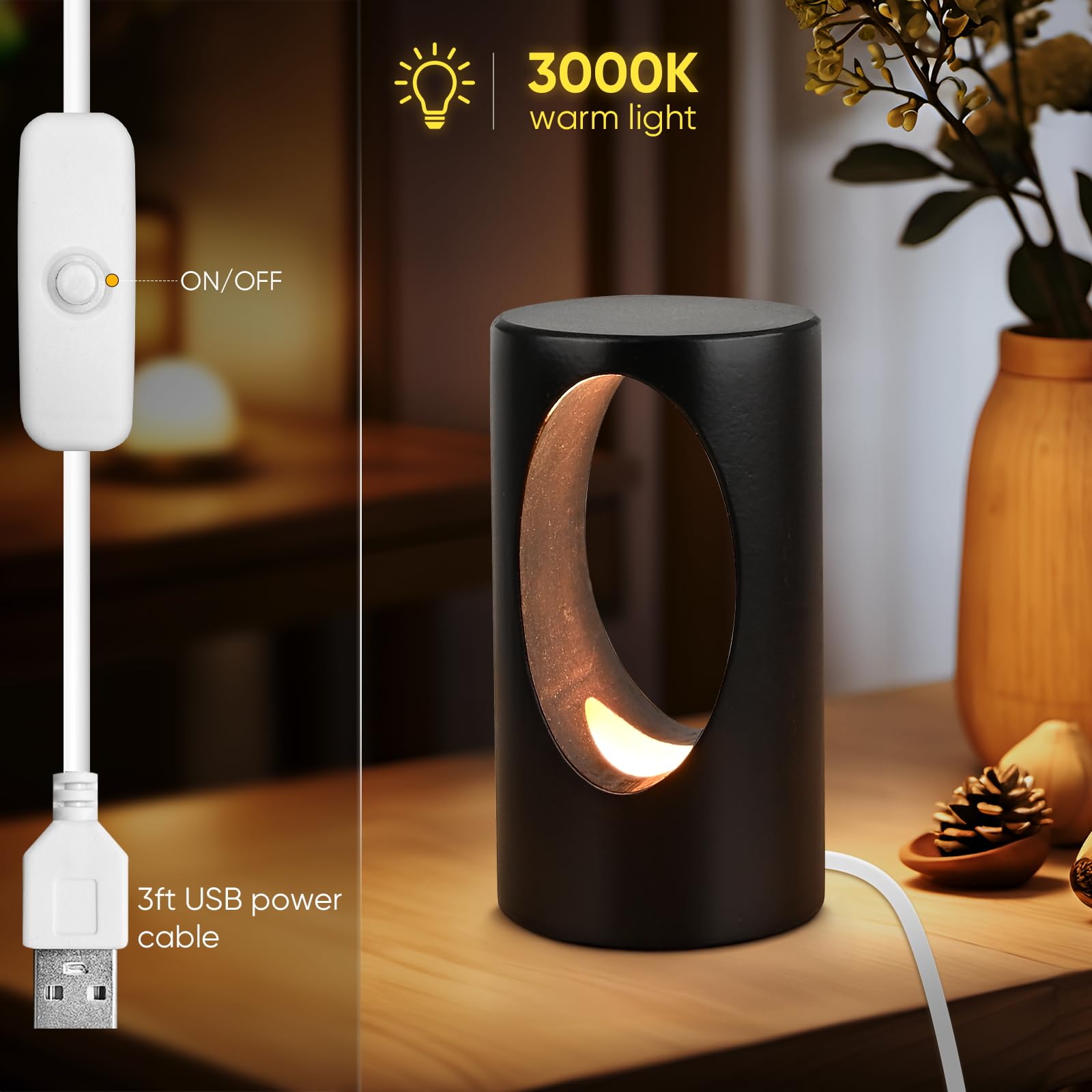 Lonrisway Led Wood Table Lamp,Natural Beech Bedroom Bedside Night Light, Dimmable Led Lighting, Creative Home Decor Desk Lamp, Unique House Warmging