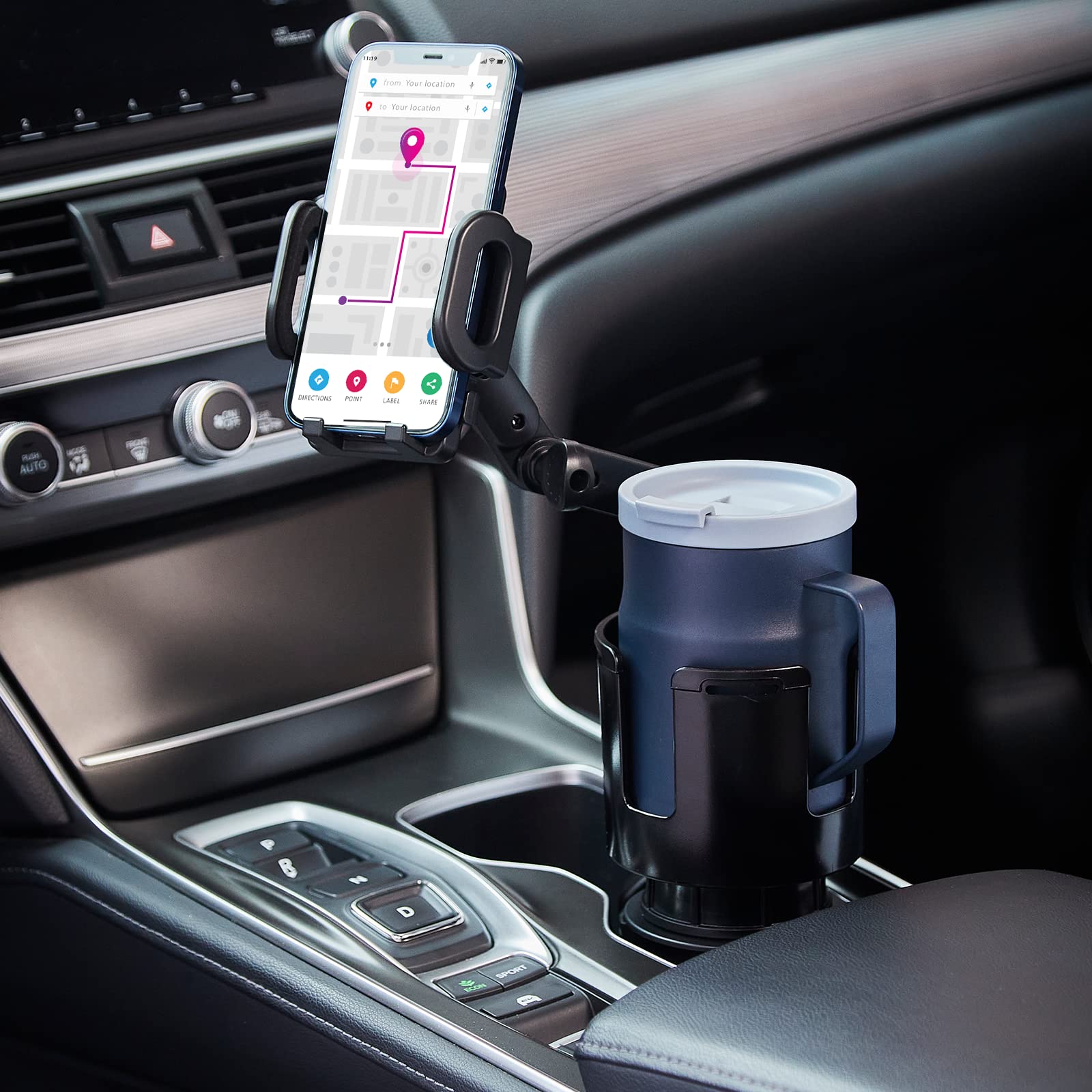 This Hill Car Cup Holder Expander Adjustable Base With Phone Mount 360° Rotation Cup Holder Cell Phone Holder For Car Compatible With Iphone All Smartphones