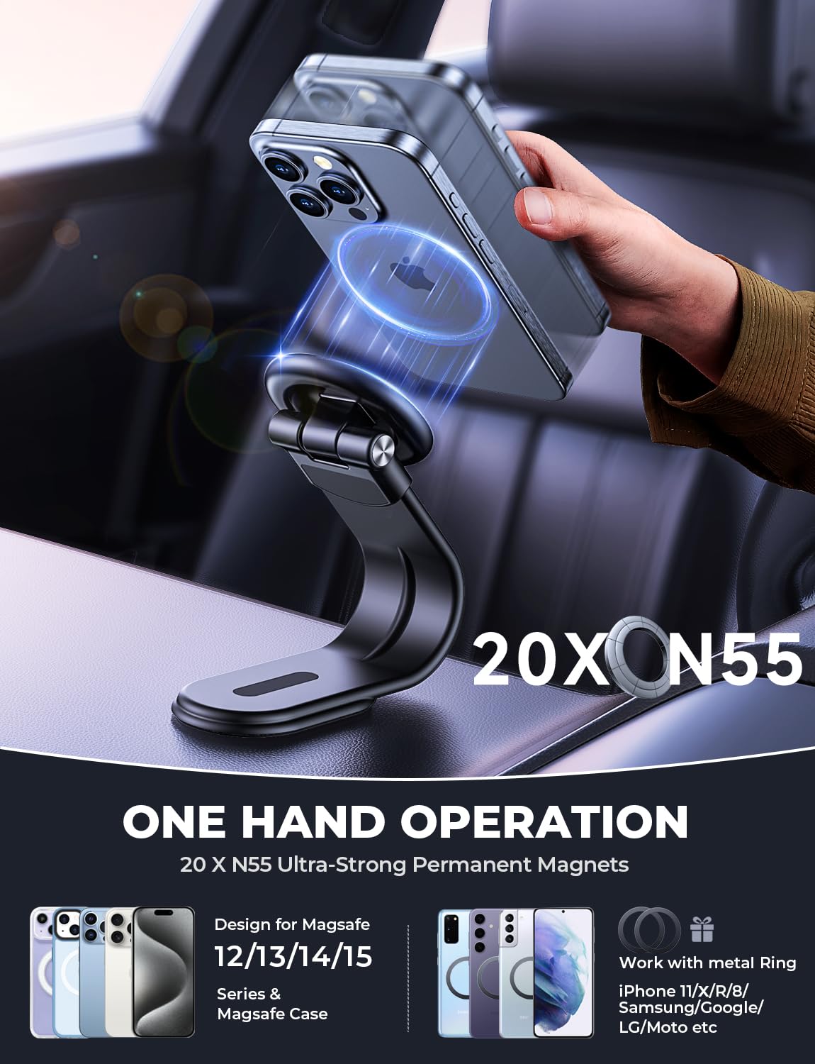 Arshot For Magsafe Car Mount, Magnetic Phone Holder For Car Dashboard Windshield Touchscreen, Bendable Aluminum Alloy Arm, Phone Mount Car Accessories For Iphone 15 Pro Max Mini 14 13 12, All Phones