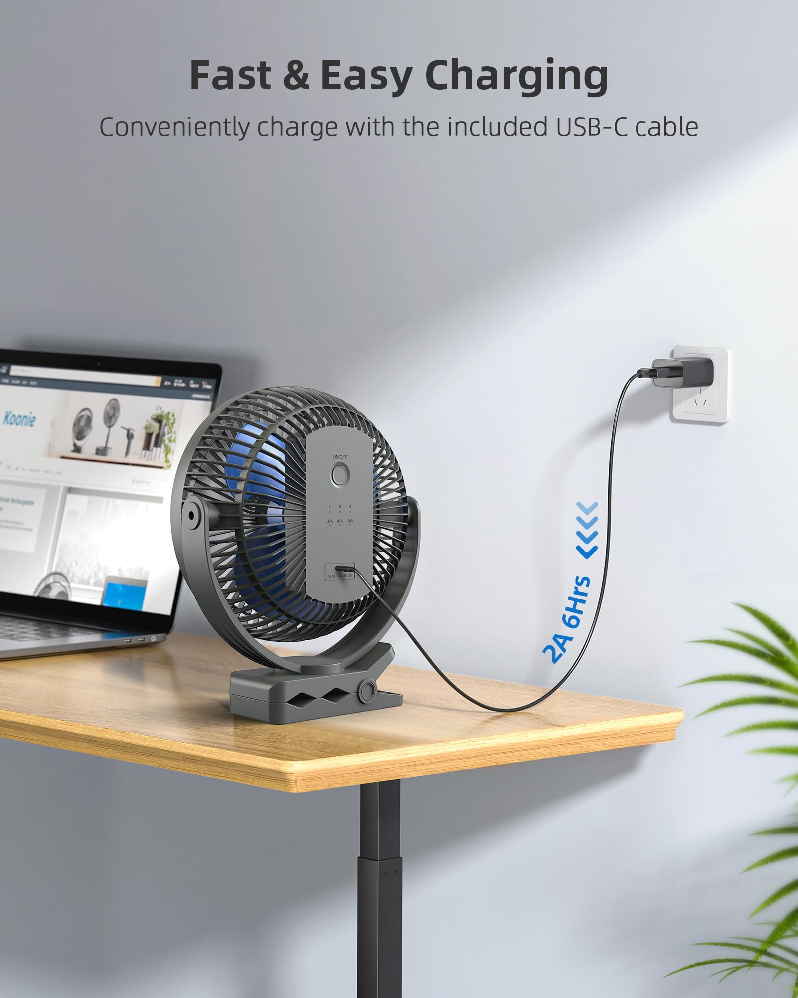 Koonie 10000Mah Rechargeable Portable 8-Inch Clip-On Fan, Usb Car Fan 4 Speeds, Sturdy Clamp