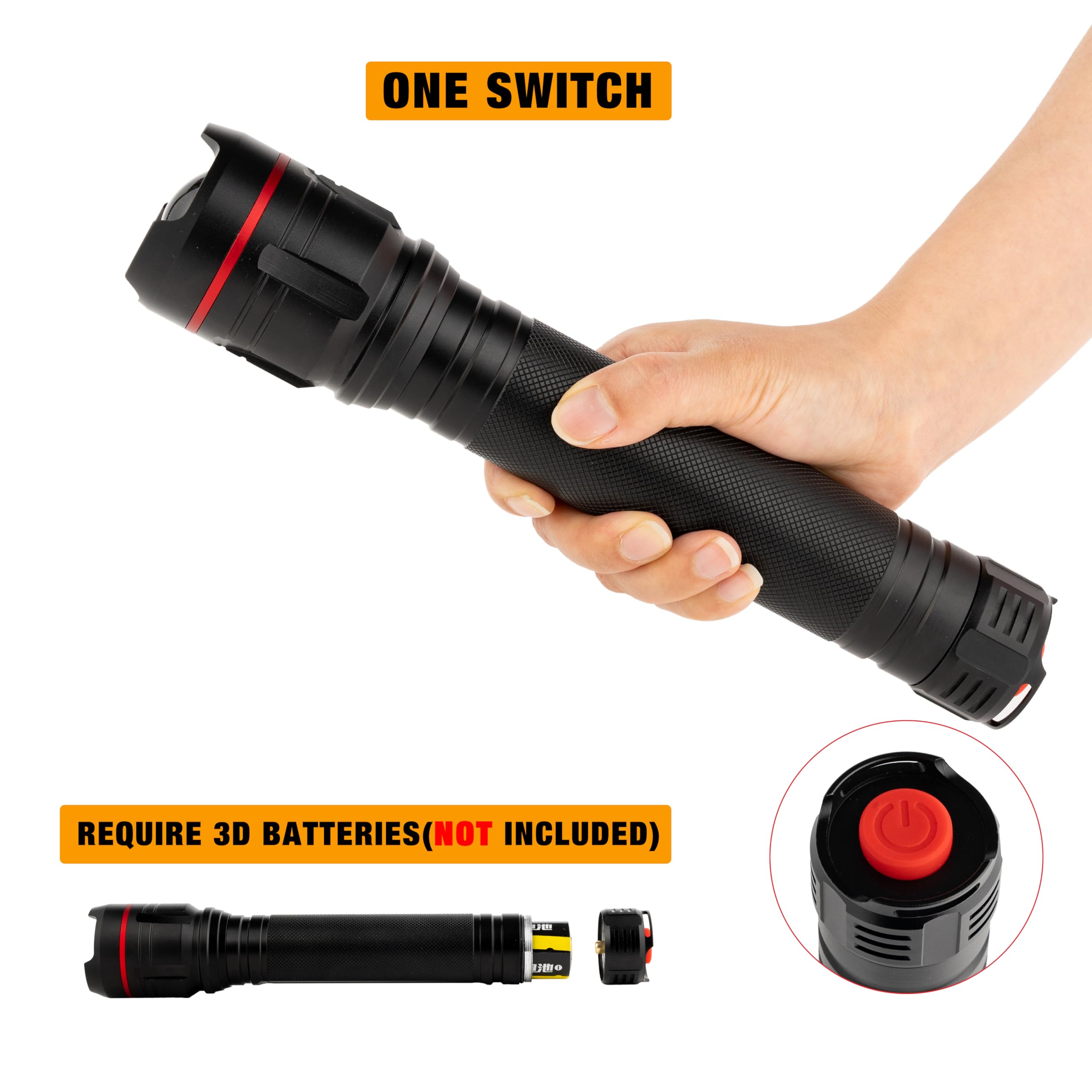 Kunhe Heavy Duty 3D Cell Led Flashlights Large Aluminum Zoomable High Lumens-1000 Lm Battery Powered Single Mode Flash Light- Big Security Flashlight For Home Emergency Power Outages Camping Car