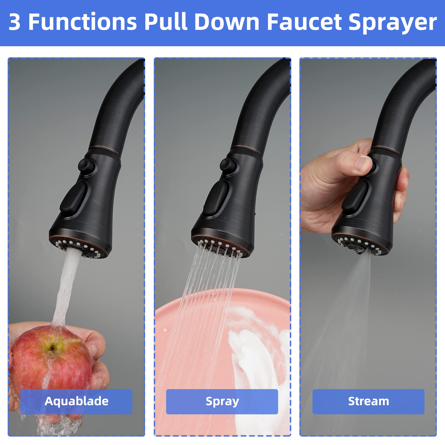Ifealclear Pull Down Kitchen Faucet Head Replacement - 3-Mode Sprayer Nozzle, Compatible With Moen, American Standard, Delta Faucets - Oil Rubbed Bronze