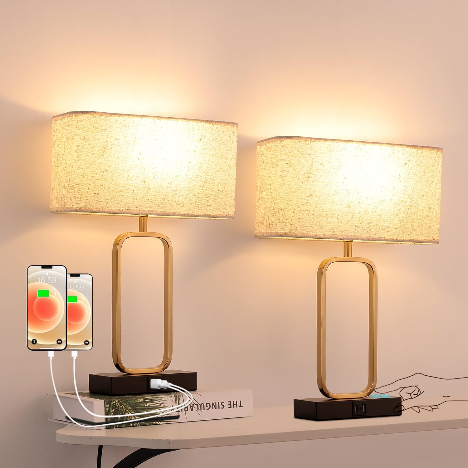 Ruhaieba Bedside Table Lamps Set Of 2 - Touch Gold Lamps For Night Stand, 3-Way Dimmable Bedroom Lamp For Living Room Office Reading(3000K Led Bulb Included)