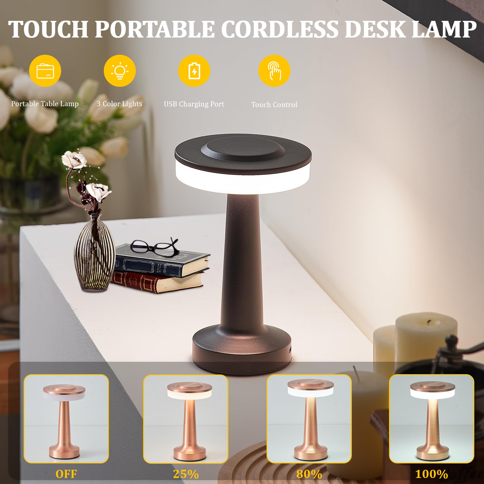 Lstvzsnrx Portable Led Table Lamp With Touch Sensor, Night Lamp With 3-Levels Brightness, Rechargeable Battery, Multiple Uses For Kids Nursery, Nightstand Lamp, Bedside Lamp (Black)