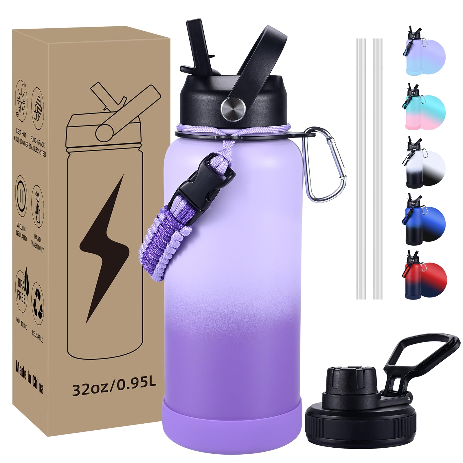 Insulated Water Bottle, 32 Oz Stainless Steel Wide Mouth Water Bottles With 2 Leak Proof Lid