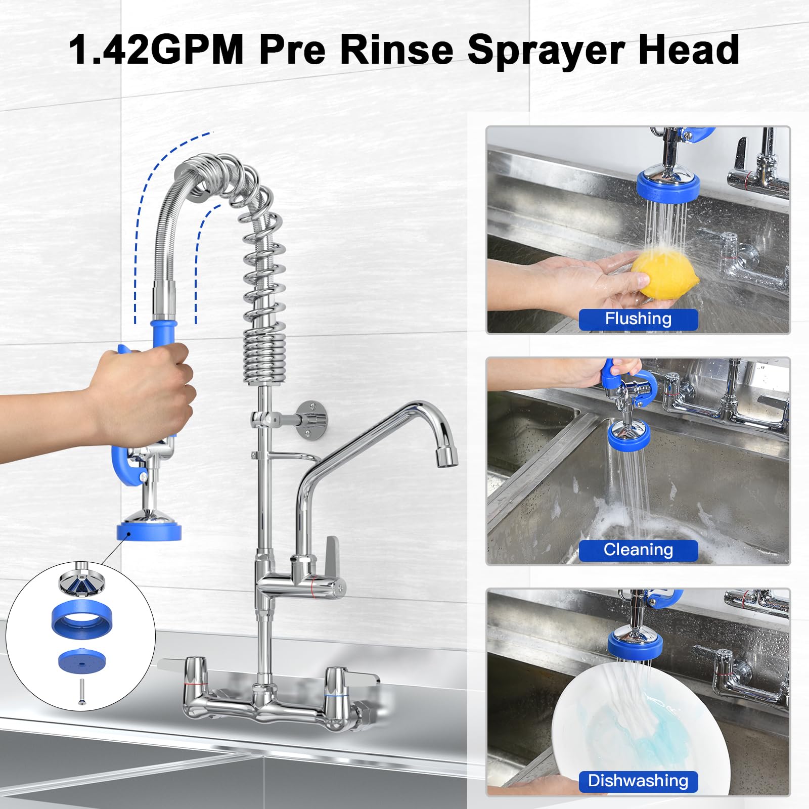 Akwadu Commercial Faucet With Sprayer For Kitchen Sink : Wall Mount Commercial Kitchen Faucet With Sprayer For Compartment Sink - 25" Height 8" Center Pre Rinse Faucets With 10 Inches Add-On Spout