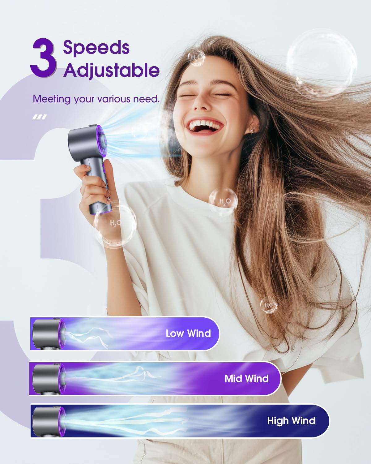 Rechargeable Ausic handheld turbo fan with mist, 3 speeds, perfect for personal cooling and refreshment