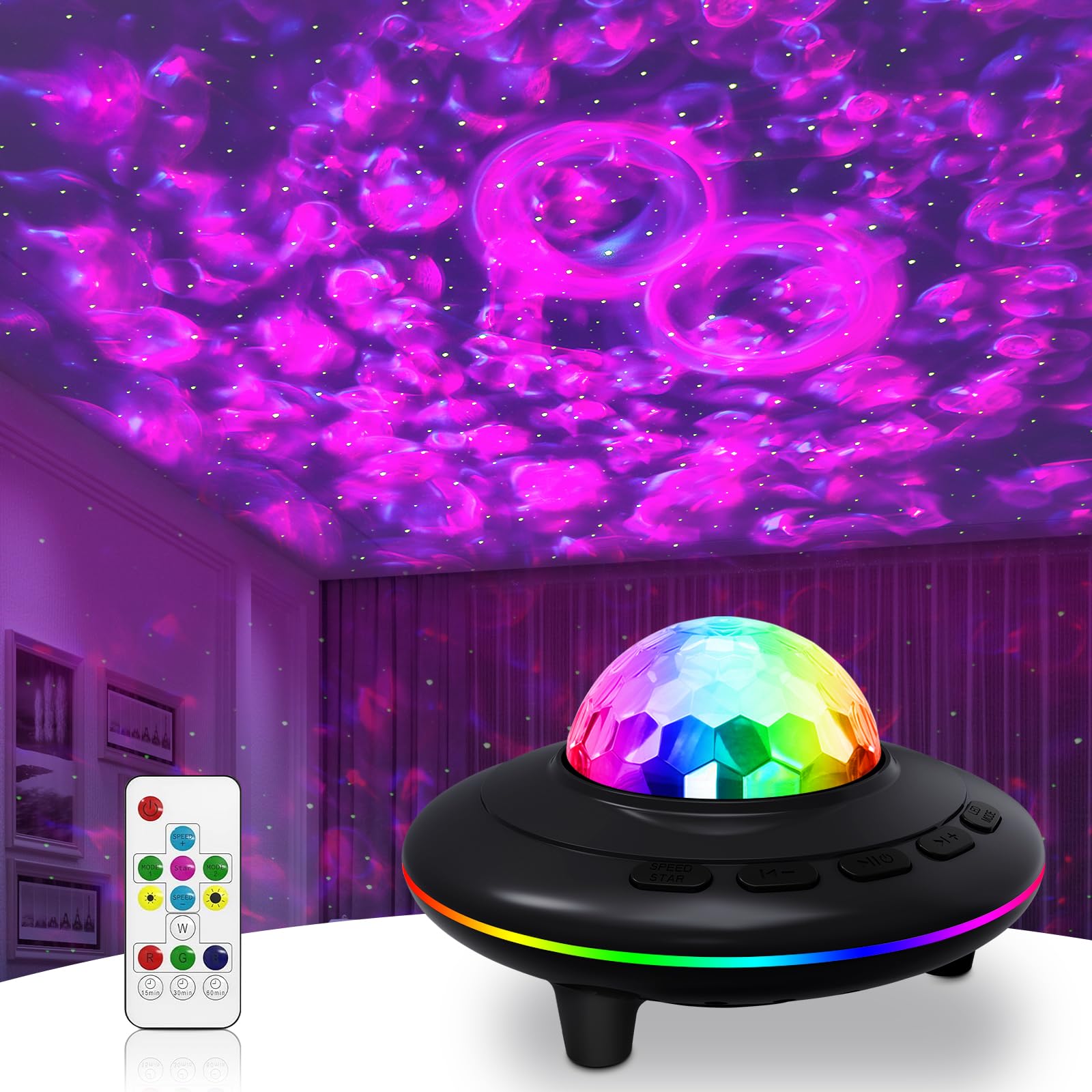 Laliled Ocean Wave Projector With Bluetooth Speaker, 26 Water-Wave Effects, Adjustable Brightness, Remote Control & Timer, Ideal Starry Night Lights For Bedroom, Home Decor, Kids, Birthday & Party