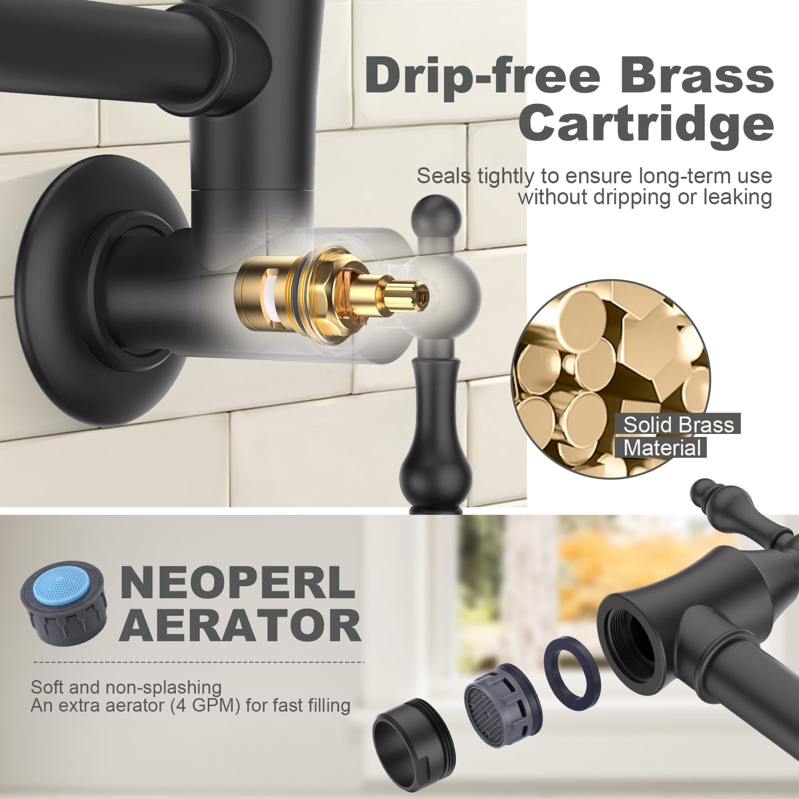 Arcora Brass Pot Filler Faucet Black: Wall Mount Commercial Pot Filler With Double Joint Swing Arms - Traditional 2 Handle Kitchen Pot Faucet Over Stove