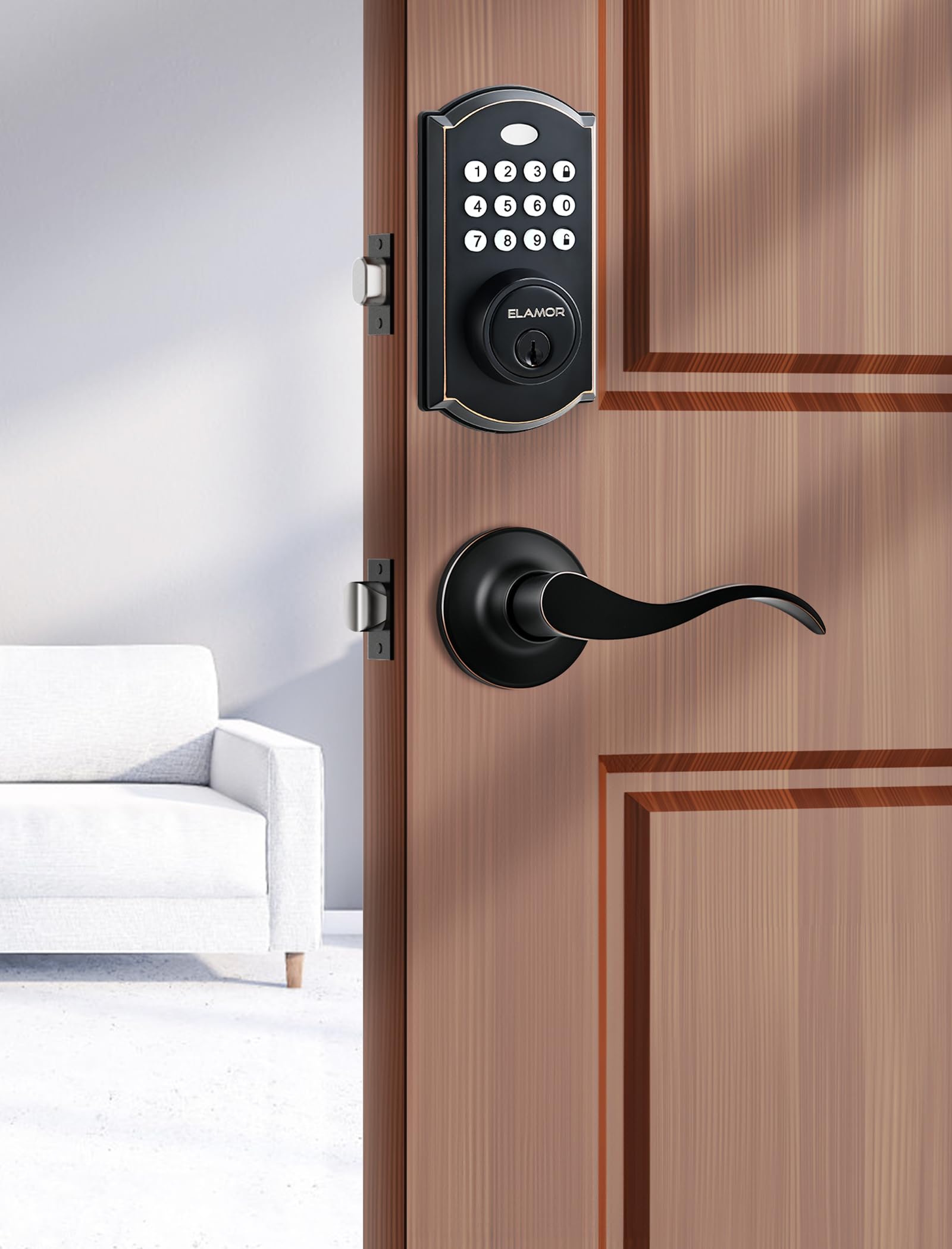 Elamor M19 Keyless Entry Door Lock With 2 Lever Handles, Auto Lock, 50 User Codes, Easy-To-Install Smart Door Lock For Front Door, Waterproof Security Handle Set, Home/Hotel Use, Oil Rubbed Bronze