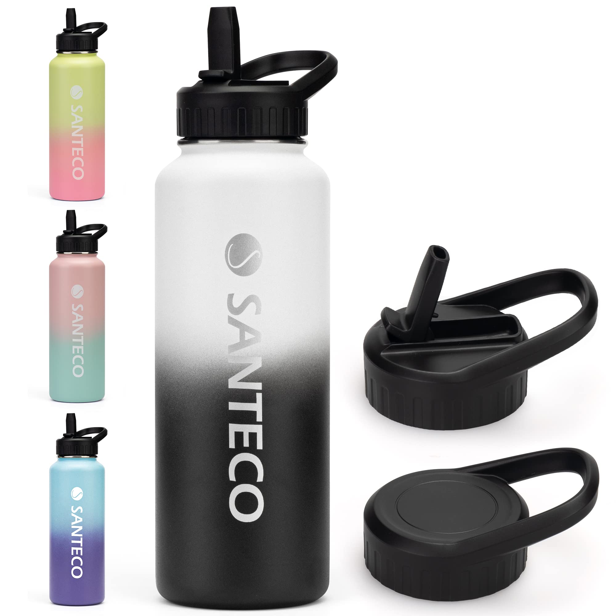 Santeco Water Bottle 40 Oz, Vacuum Insulated Stainless Steel Bottle With Straw Handle Lid