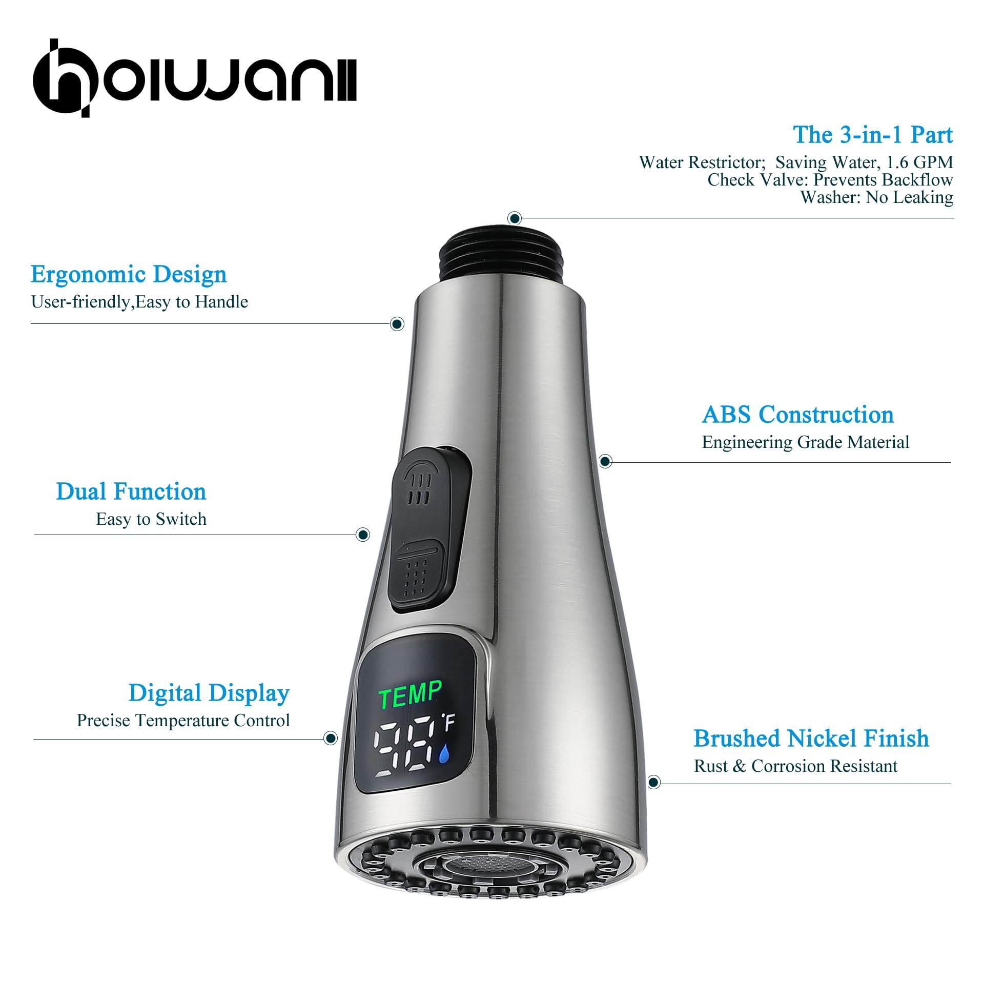 Hoiwanii Kitchen Faucet Head Replacement, Led Temperature Display Kitchen Spray Head, Pull Down Pull Out Faucet Sprayer Nozzle,Brushed Nickel