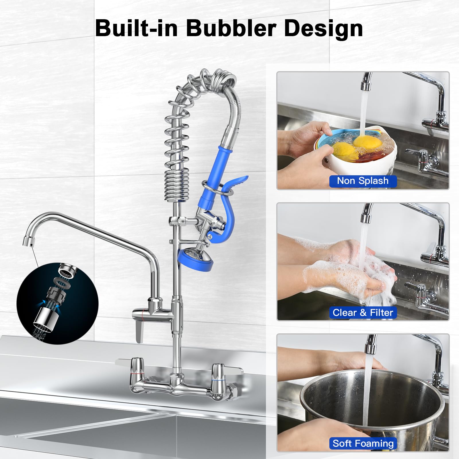 Akwadu Commercial Faucet With Sprayer For Kitchen Sink : Wall Mount Commercial Kitchen Faucet With Sprayer For Compartment Sink - 25" Height 8" Center Pre Rinse Faucets With 10 Inches Add-On Spout