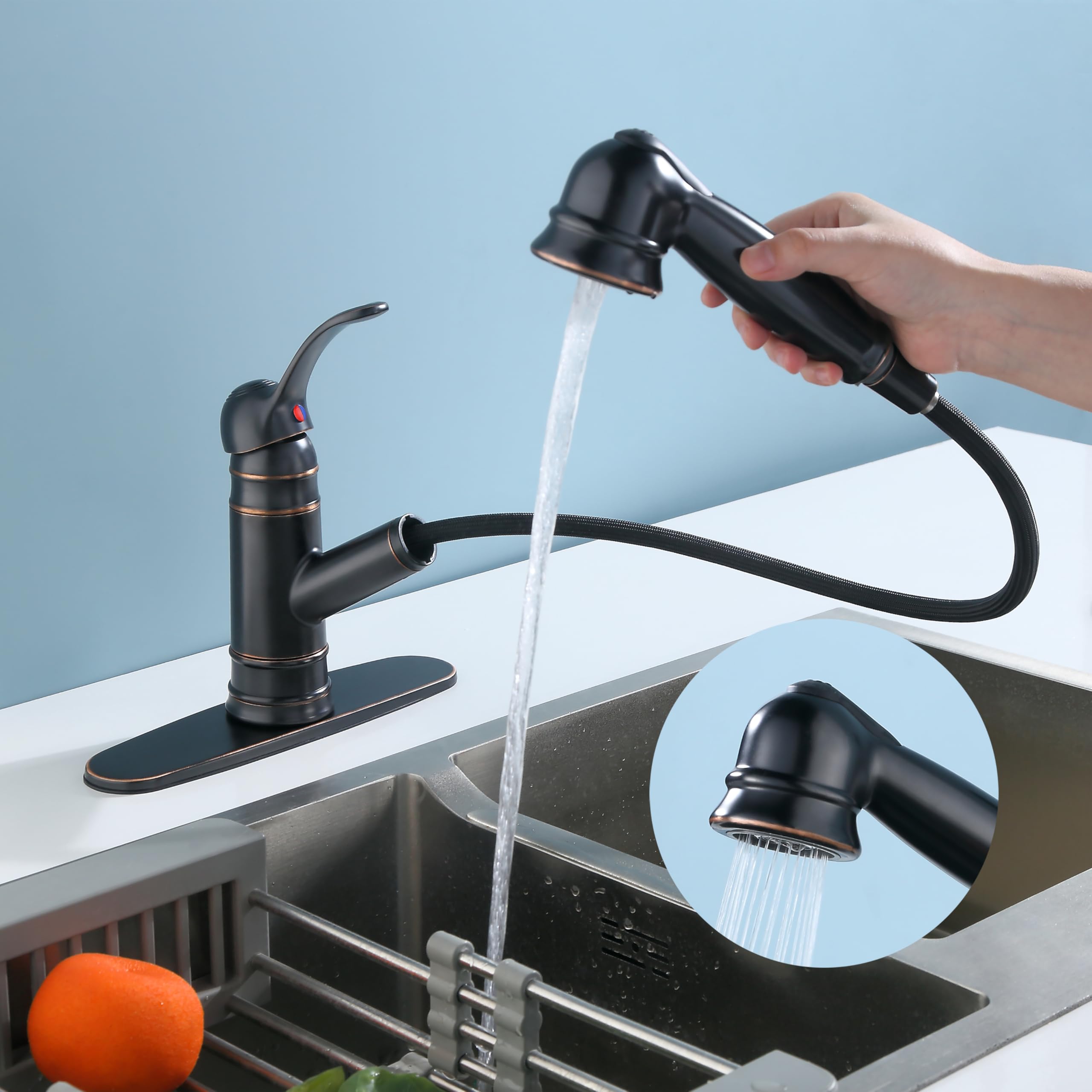 Derengge Single Handle Pull Out Kitchen Faucet,1 Hole Or 3 Hole Installation Kitchen Sink Faucet With Deck Plate, Oil Rubbed Bronze
