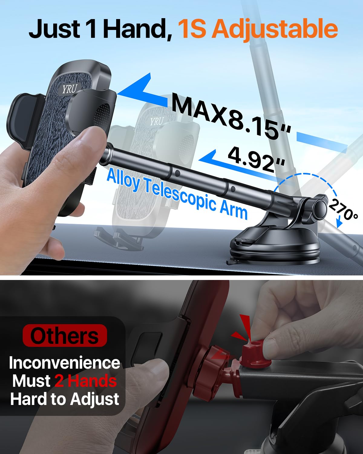 Yru ใTrue Military-GradeใCar Phone Holderใ Strongest & Rotatable Suction CupใCell Phone Mount For Dashboard Windshield, Truck Cradle Dash Stand For Iphone 16 Pro Max 15 14 13 12 Android, Black