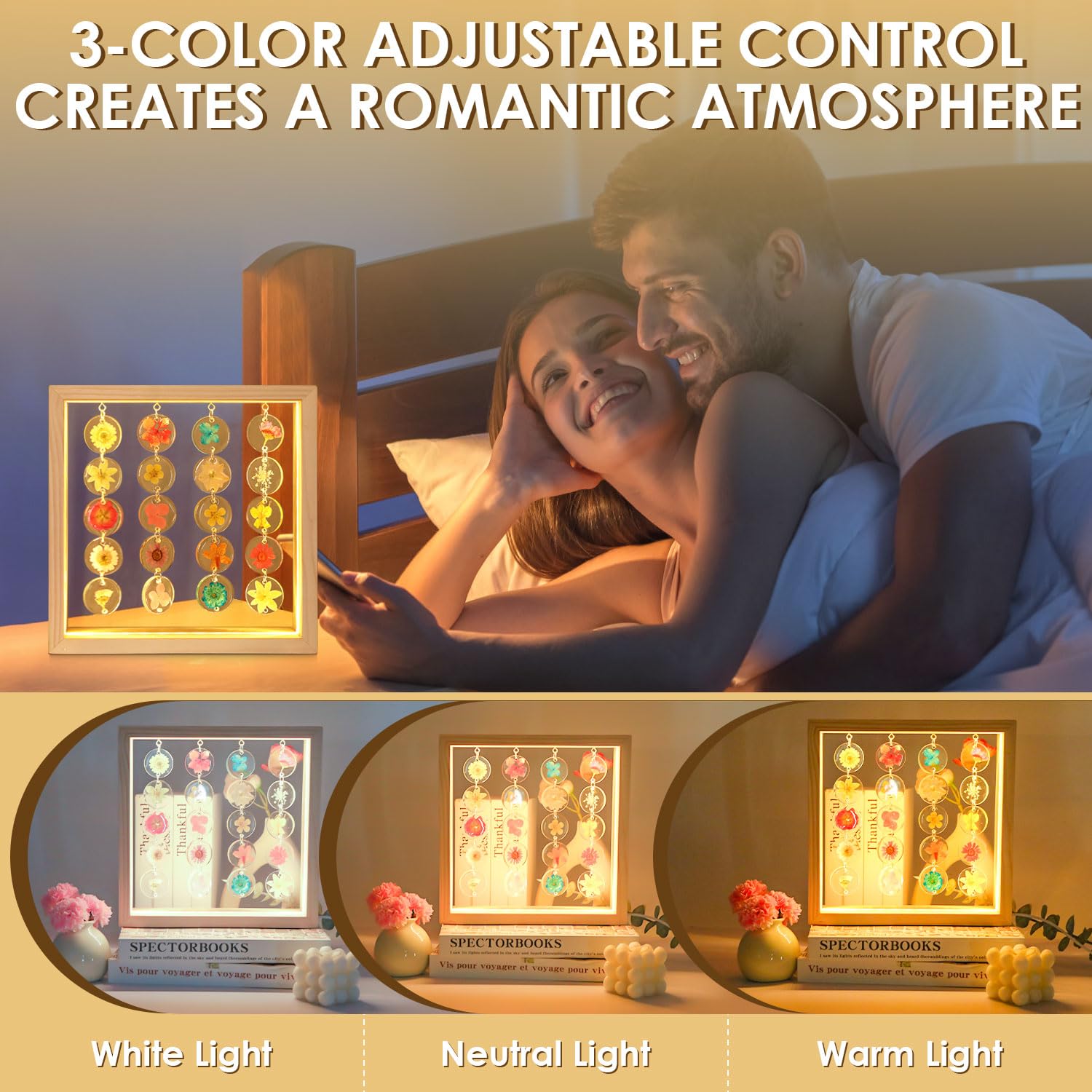 Taeyonk Handmade Dried Flower Led Cute Lamp, 3 Way Dimmable Cute Pressed Flower Bedside Lamp With Wooden Frame For Wooden Frame, Ideal For Desk, Table, Bedroom, Living Room, Office