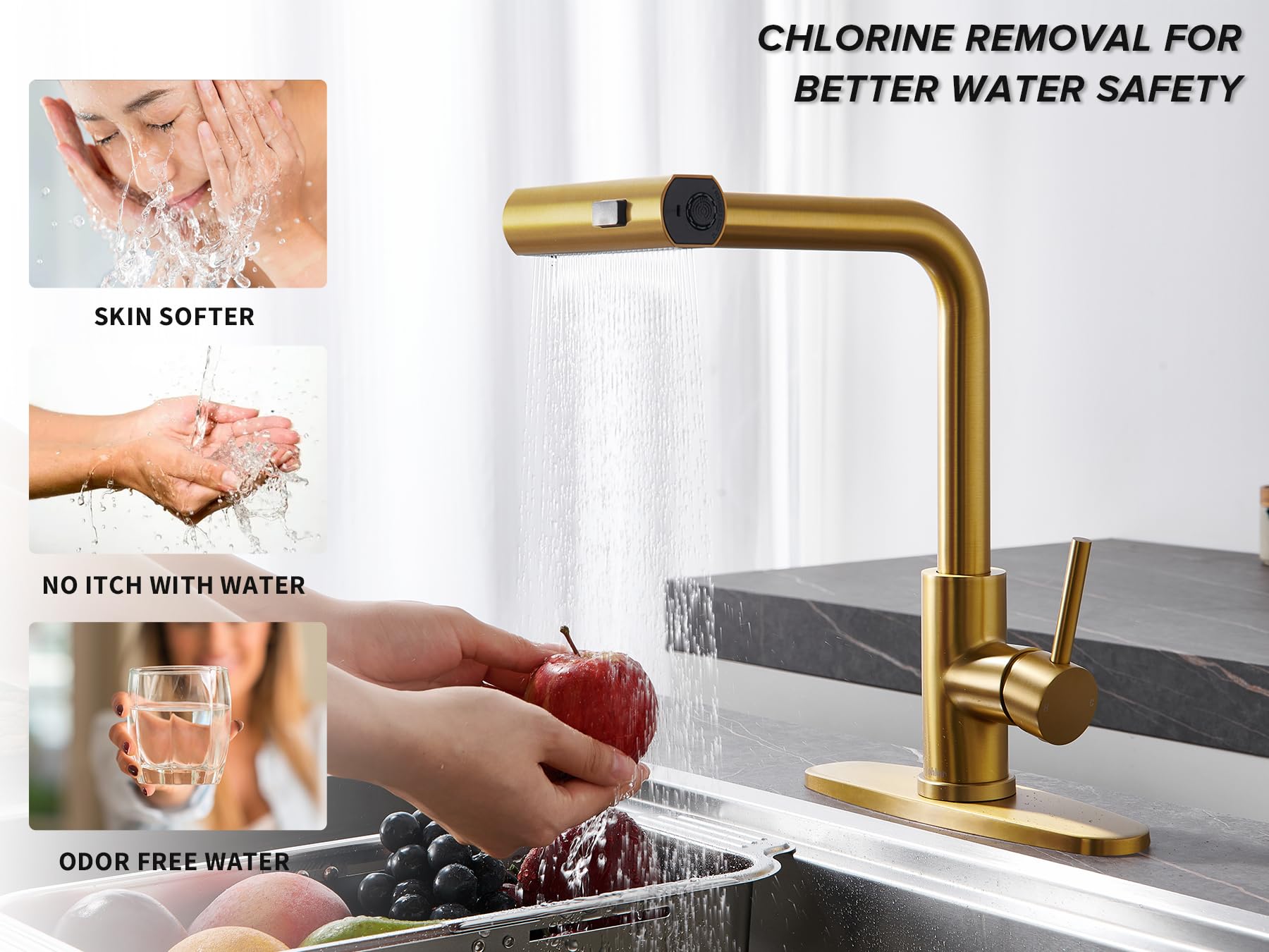Tohlar Gold Kitchen Faucet, Waterfall Kitchen Faucet With Pull Down Sprayer, 3 Modes Sprayer Kitchen Sink Faucet Single Lever Handle Faucet For Kitchen Sink, Brushed Gold
