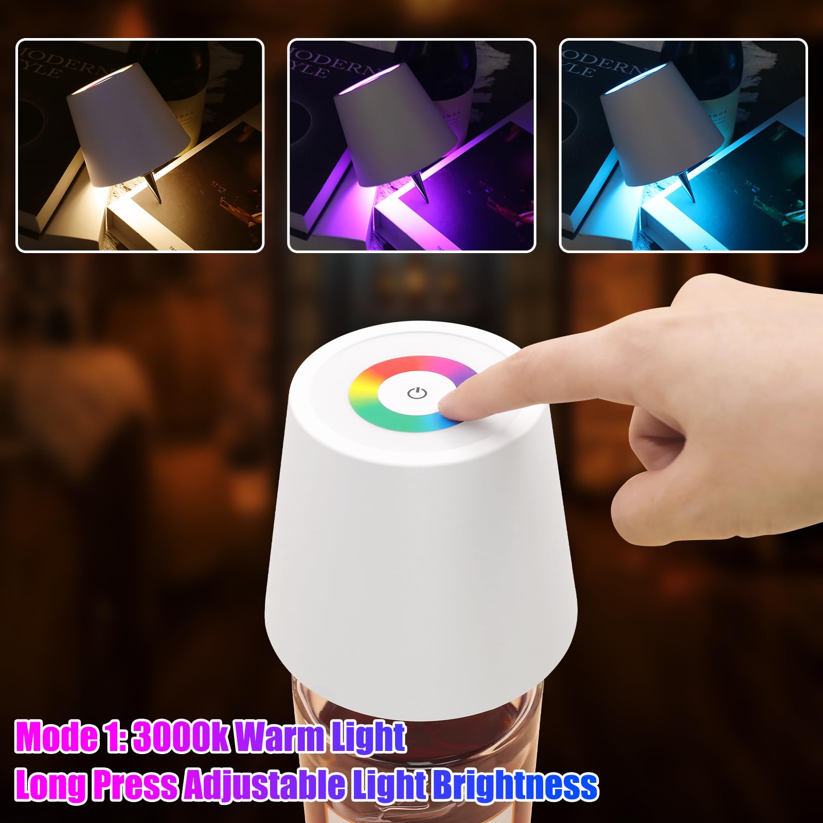 Tgxcf Wireless Bottle Lamp With Metal, Rgb Modes & 3 Color Stepless Dimming Wine Bottle Lamp Shade With 2500Mah Battery, Touch Led Rechargeable Dimmable Bottle Table Lamp, For Dining Room Bedroom Bar