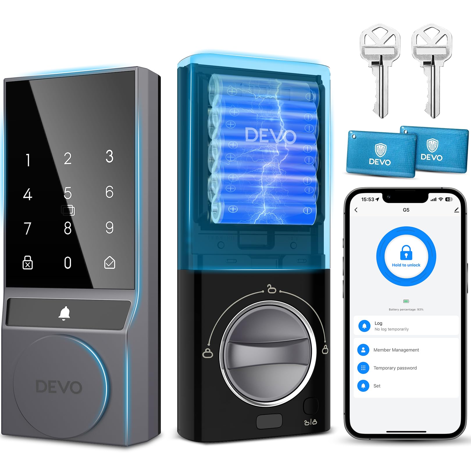 Devo Smart Lock, Keyless Entry Door Lock For Front Door, Bulit-In Wifi Deadbolt, App Remote Control, Digital Smart Locks, Electronic Touchscreen Keypad, Auto Locks, Easy Installation(Gray)