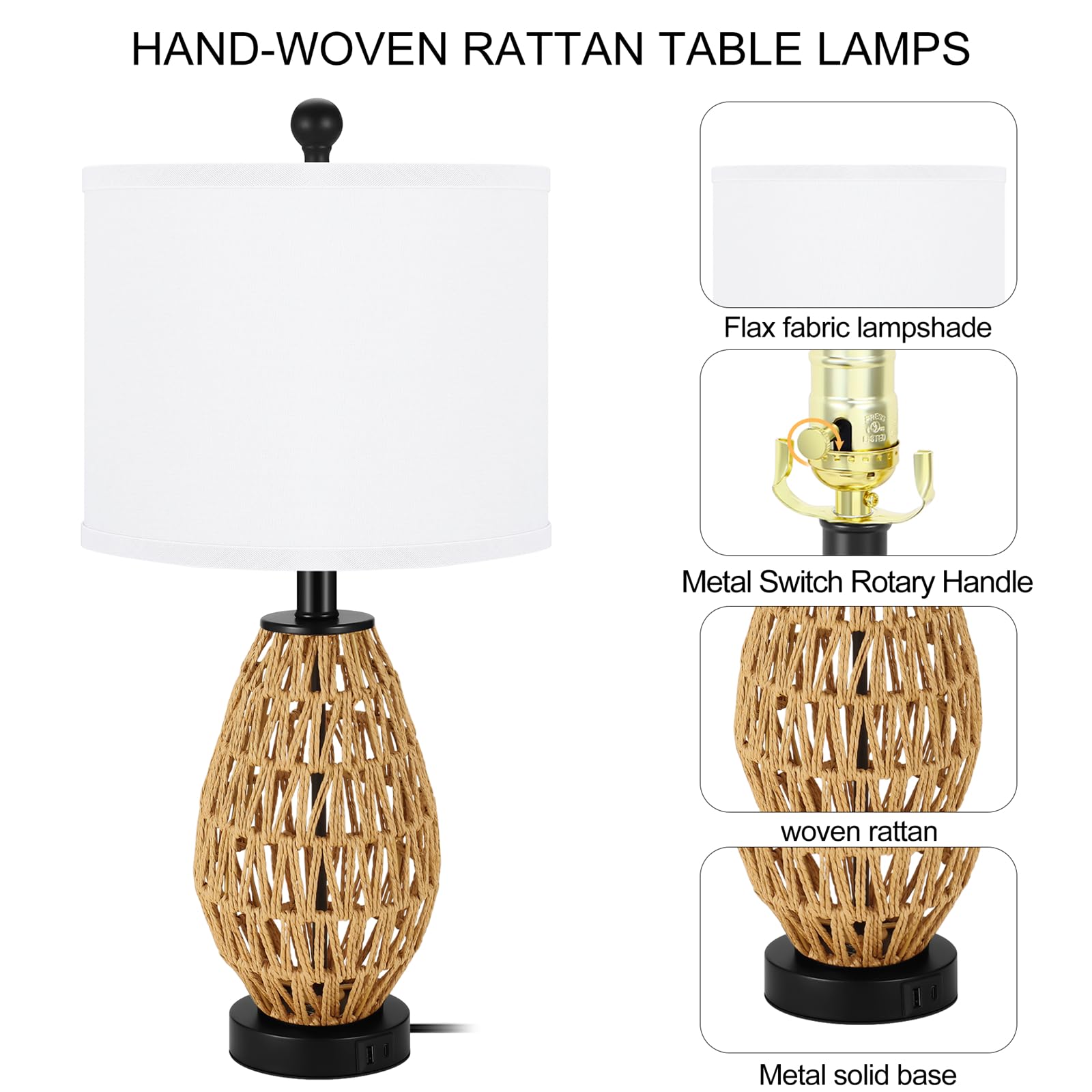 Tpamswo Coastal Table Lamps Set Of 2, Retro Rattan Woven 24" Bedside Lamp, For Bedroom Living Room Home Nightstand Table Lamp(With Usb C+A 5V 2.1A Charging Ports)