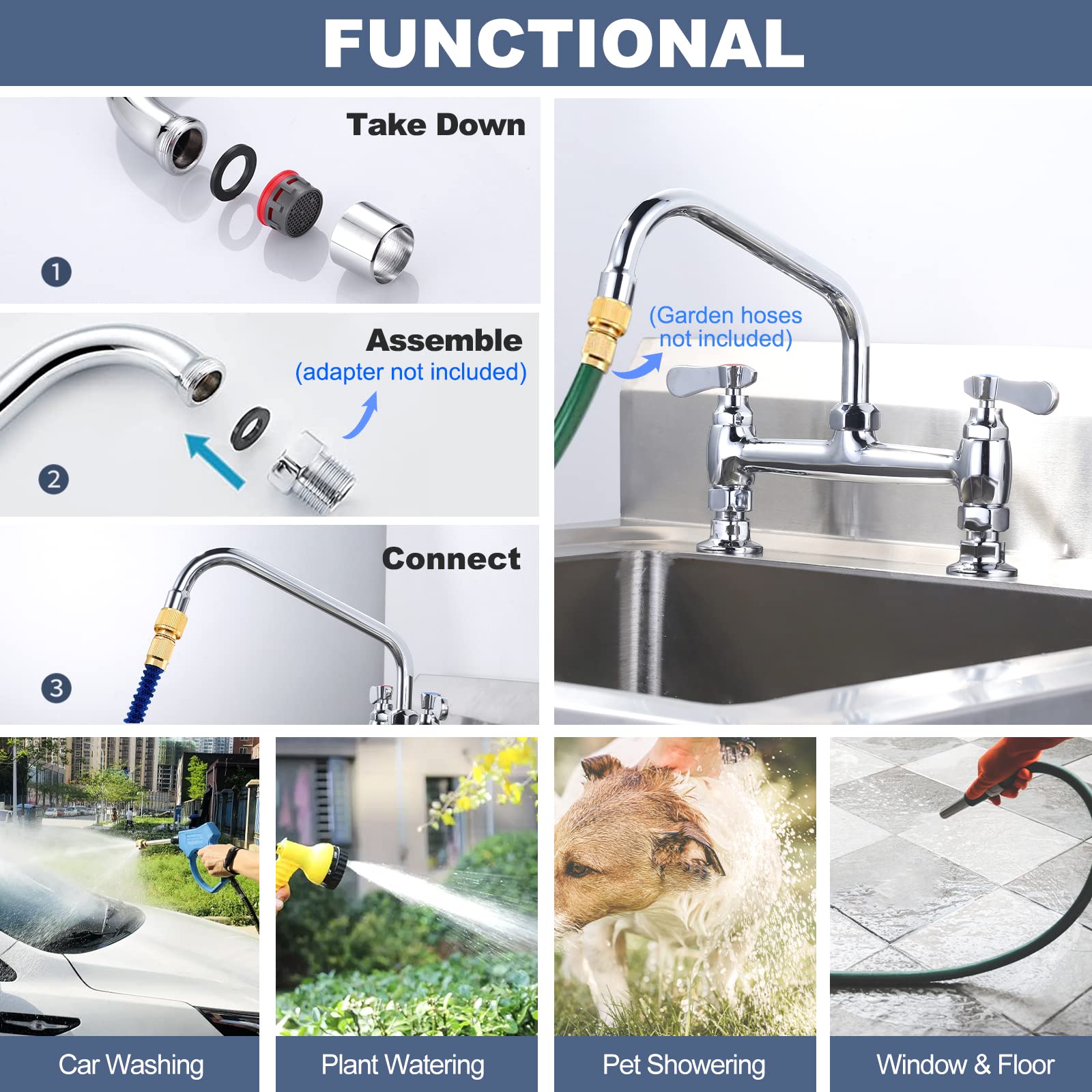 Iviga Commercial Sink Faucet With 8” Swivel Spout & Supply Lines, 8" Center Deck Mount Kitchen Faucet, Dual Handles Brass Utility Sink Faucet For Laundry Room Restaurant Compartment Sink, Polish