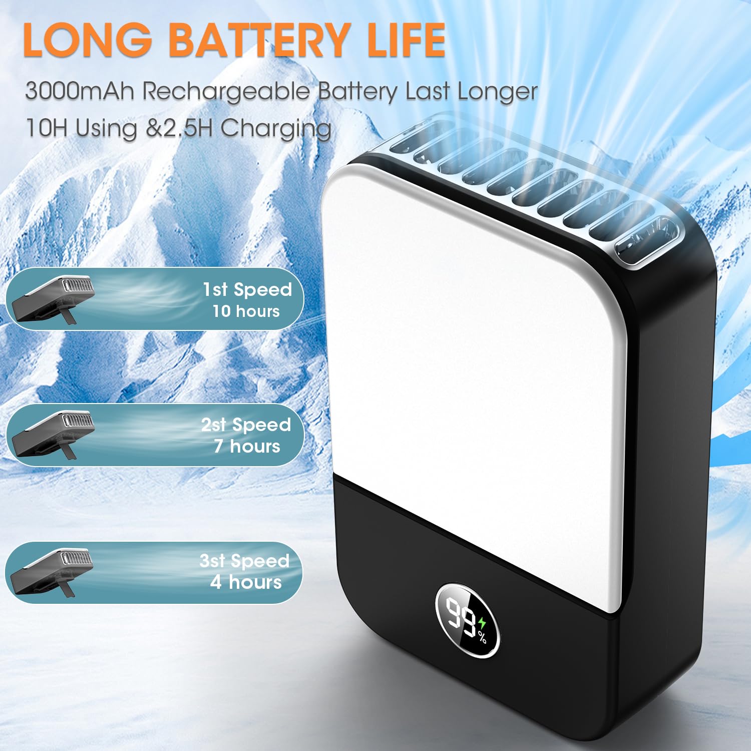 Portable Andwing neck fan with waist clip, rechargeable and 3 speeds for customizable personal cooling